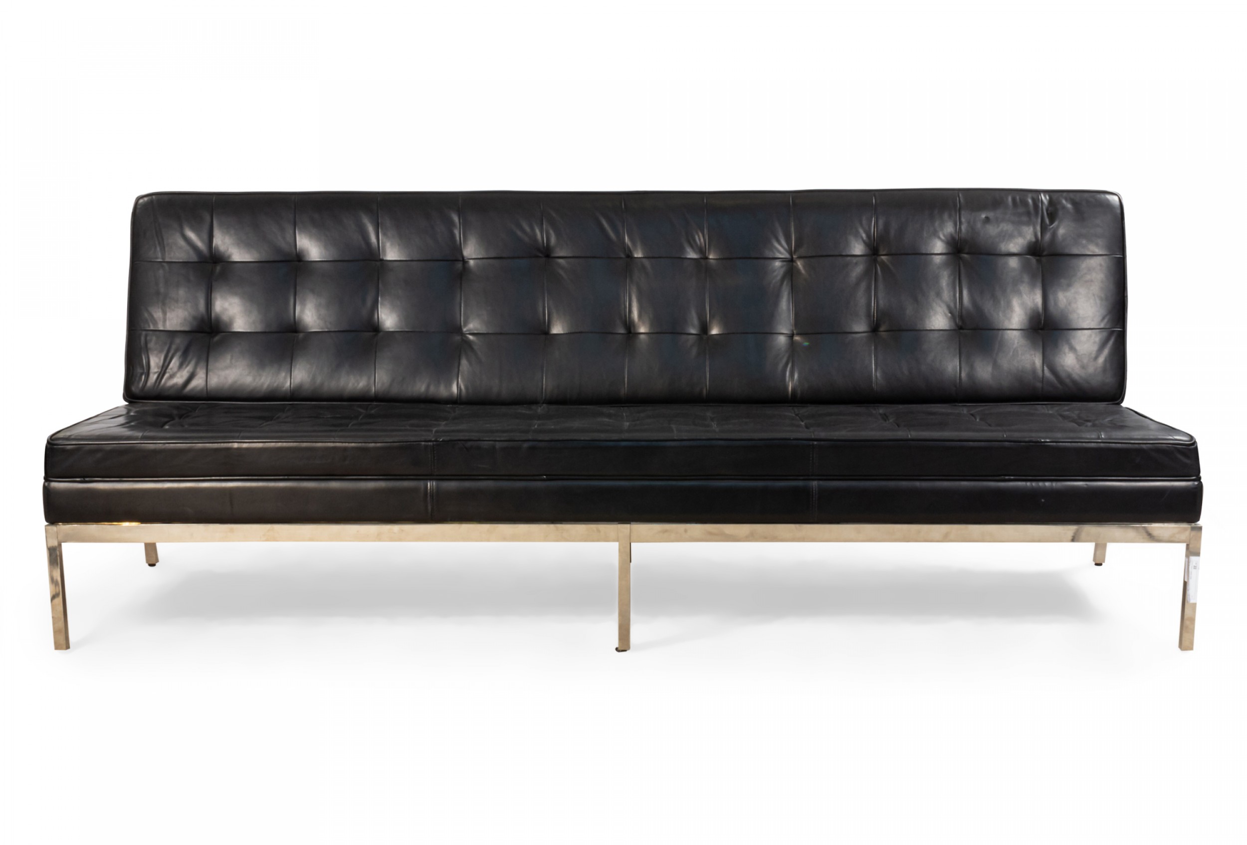 Button Tufted Mid Century Black Leather Armless Sofa