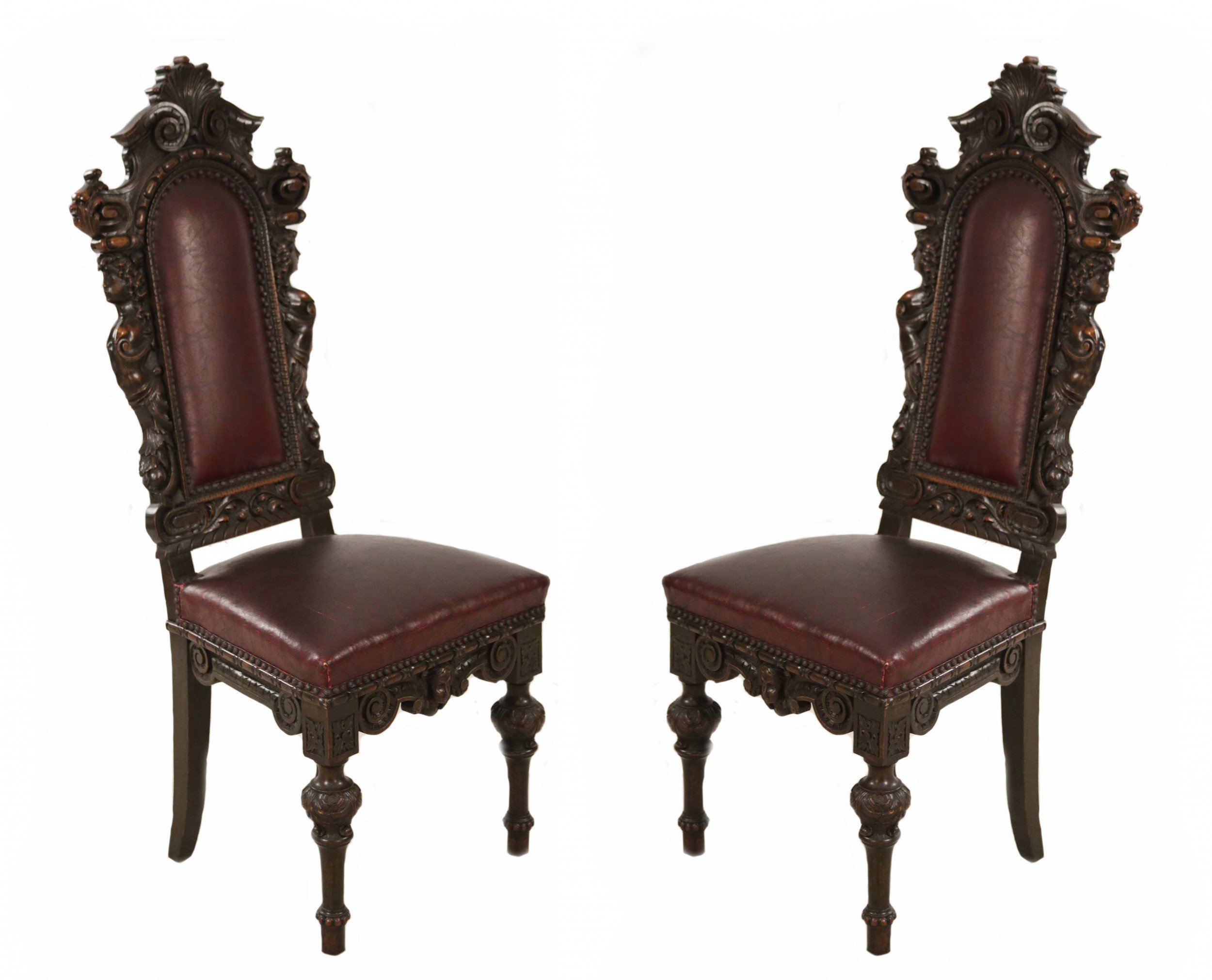 Set of italian renaissance style walnut and leather high back dining side chairs