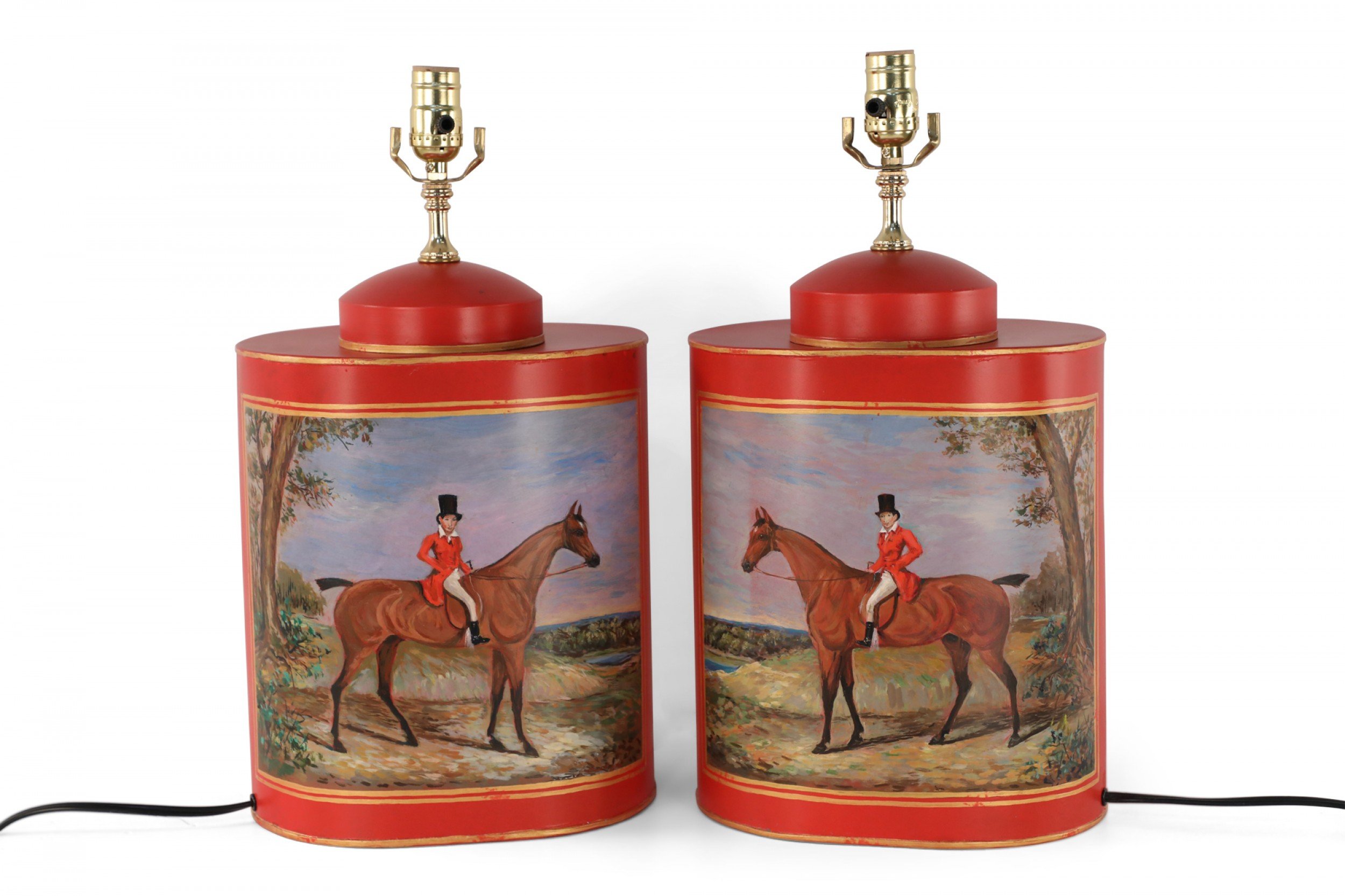 Pair of Chinese Red Tole Equestrian Scene Table Lamps