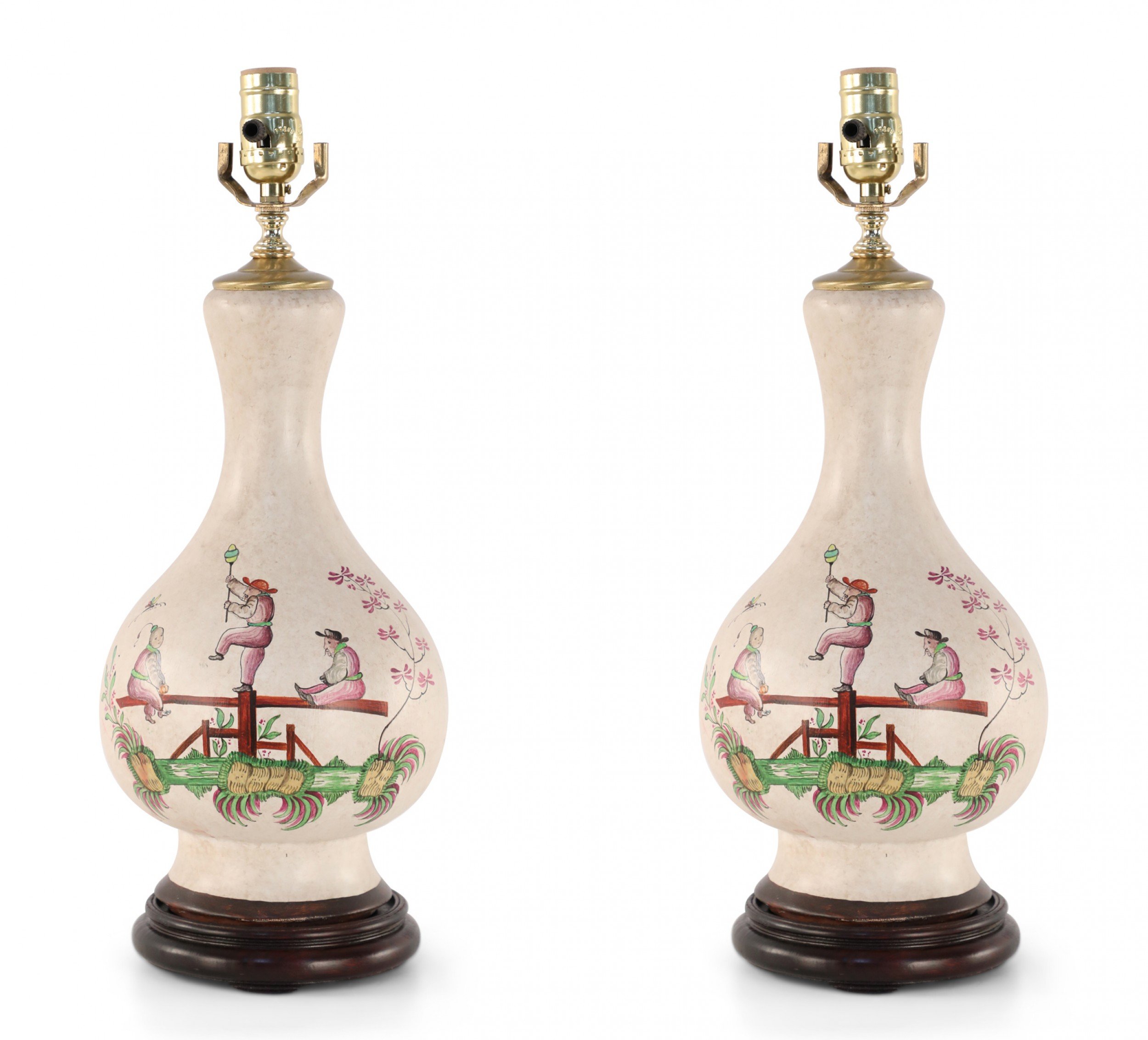 Pair of Chinese Cream Balance Beam Design Table Lamps