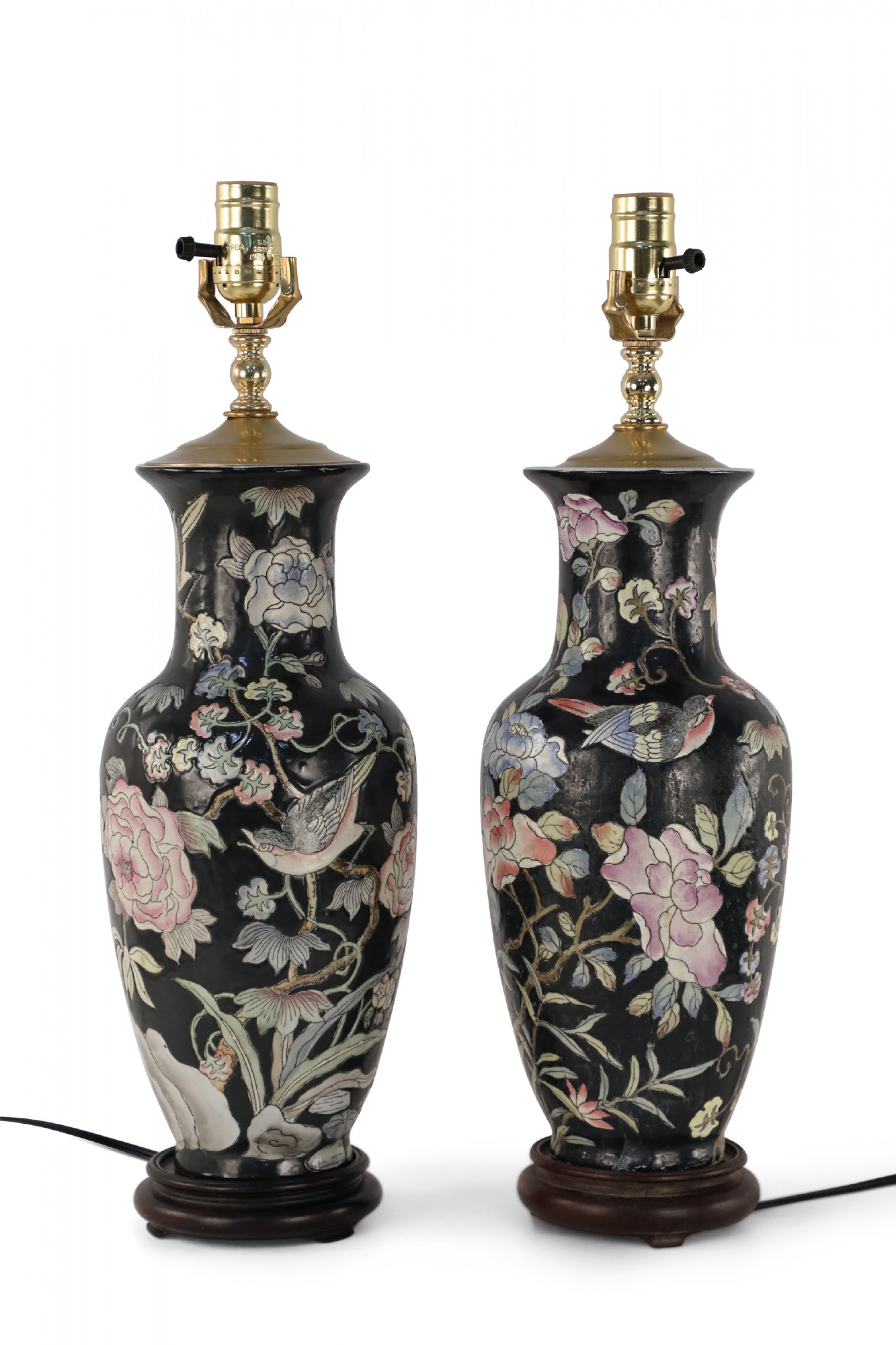 Pair of Chinese Black and Floral Motif Table Lamps