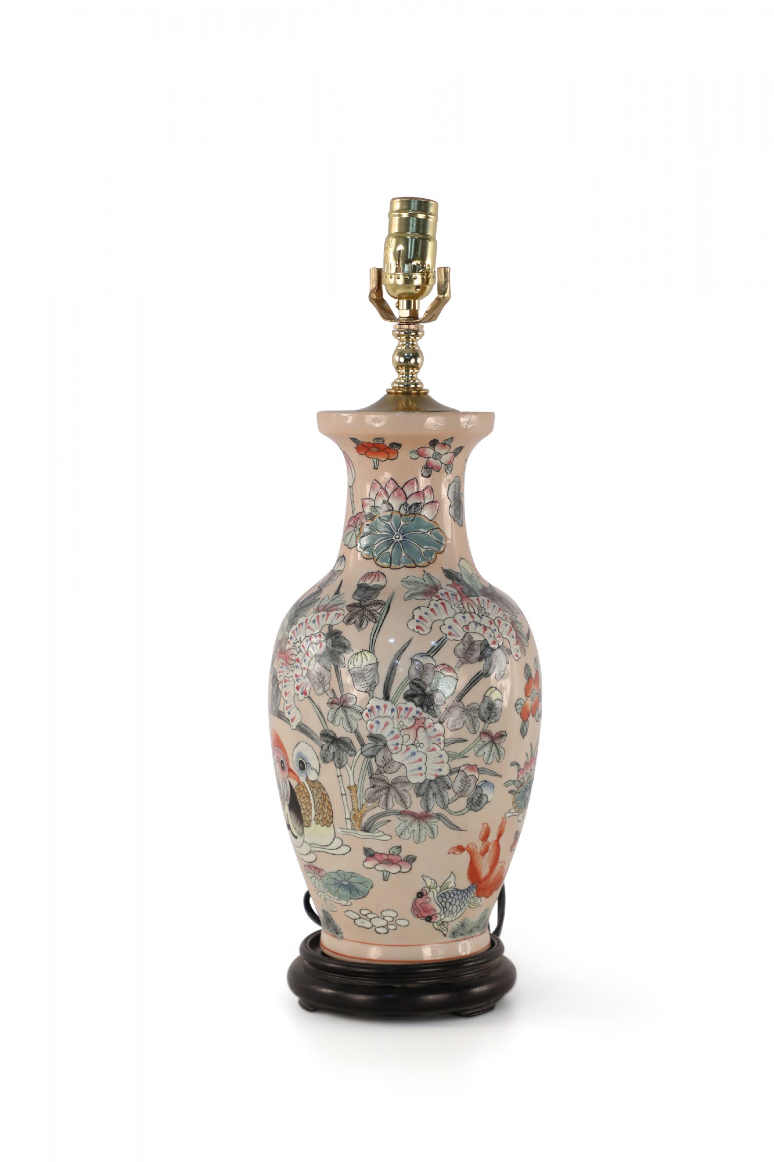 Chinese Pink Floral and Bird Design Table Lamp