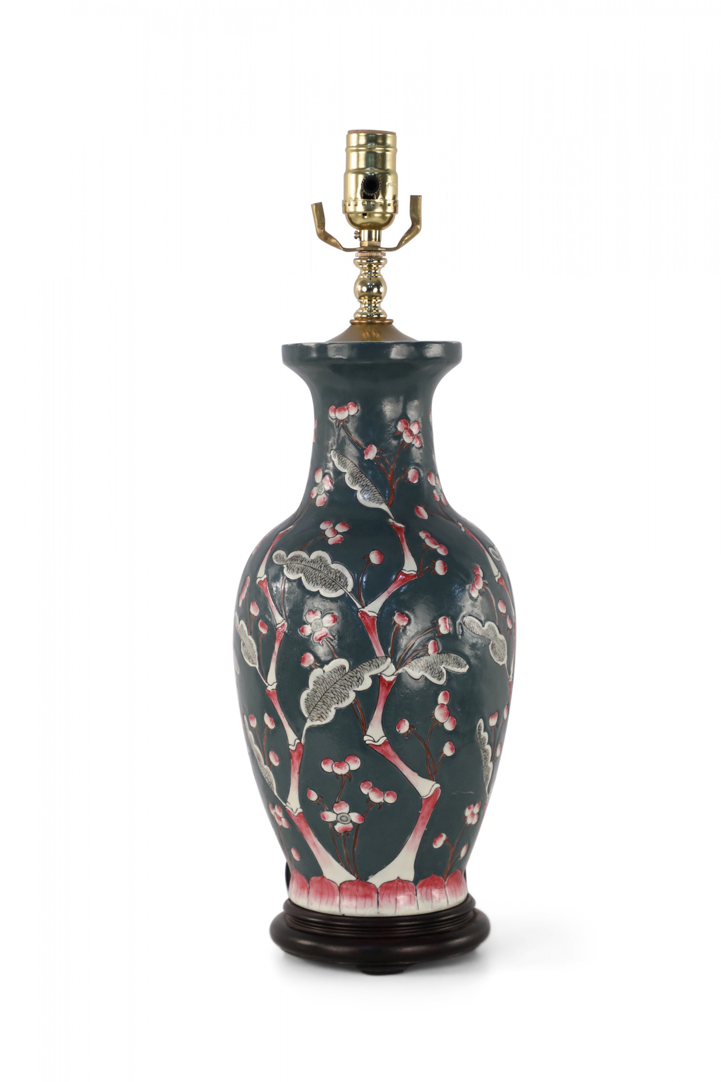 Chinese Dark Blue and Red Cherry Blossom Tree Motif Table Lamp