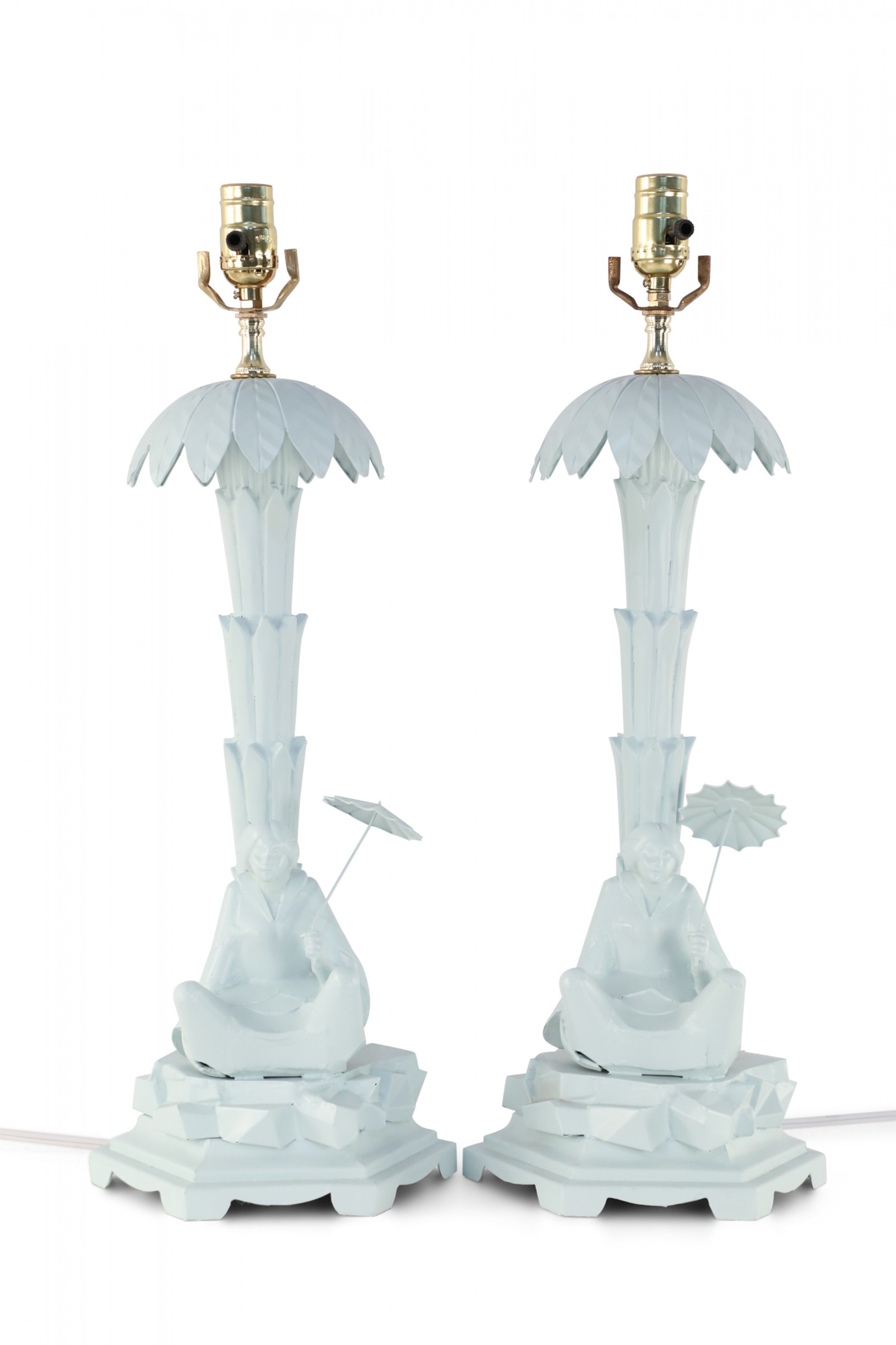 Pair of Chinese Blue Tole Palm Tree and Woman Table Lamps