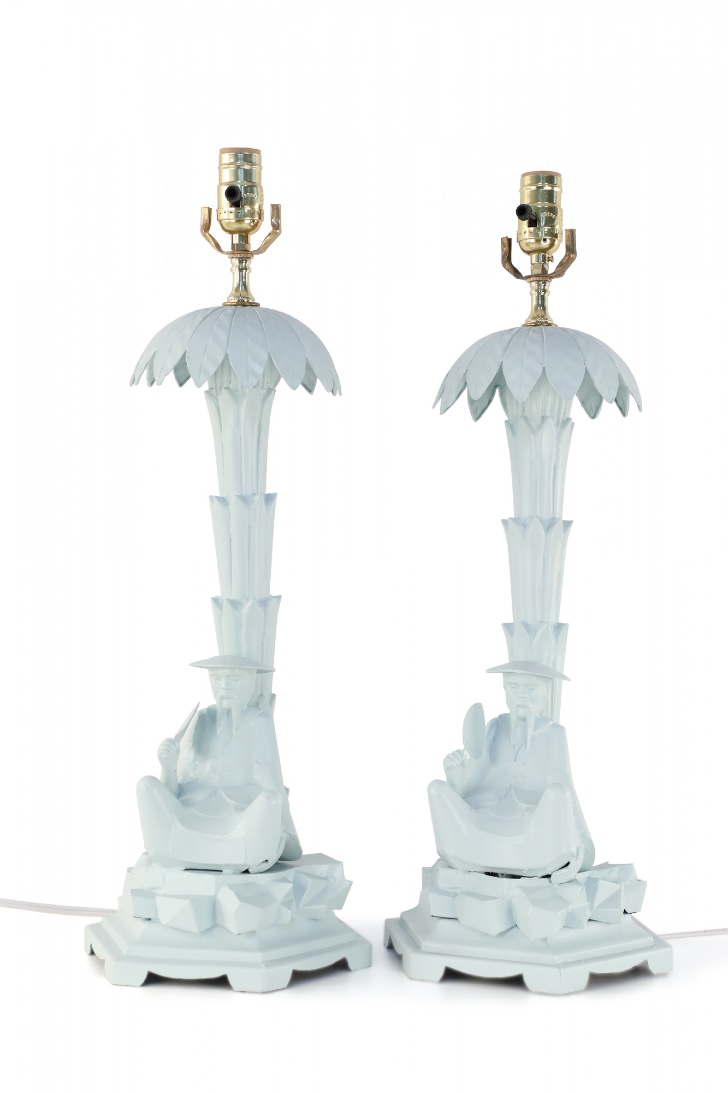 Pair of Chinese Blue Tole Palm Tree and Man Table Lamps