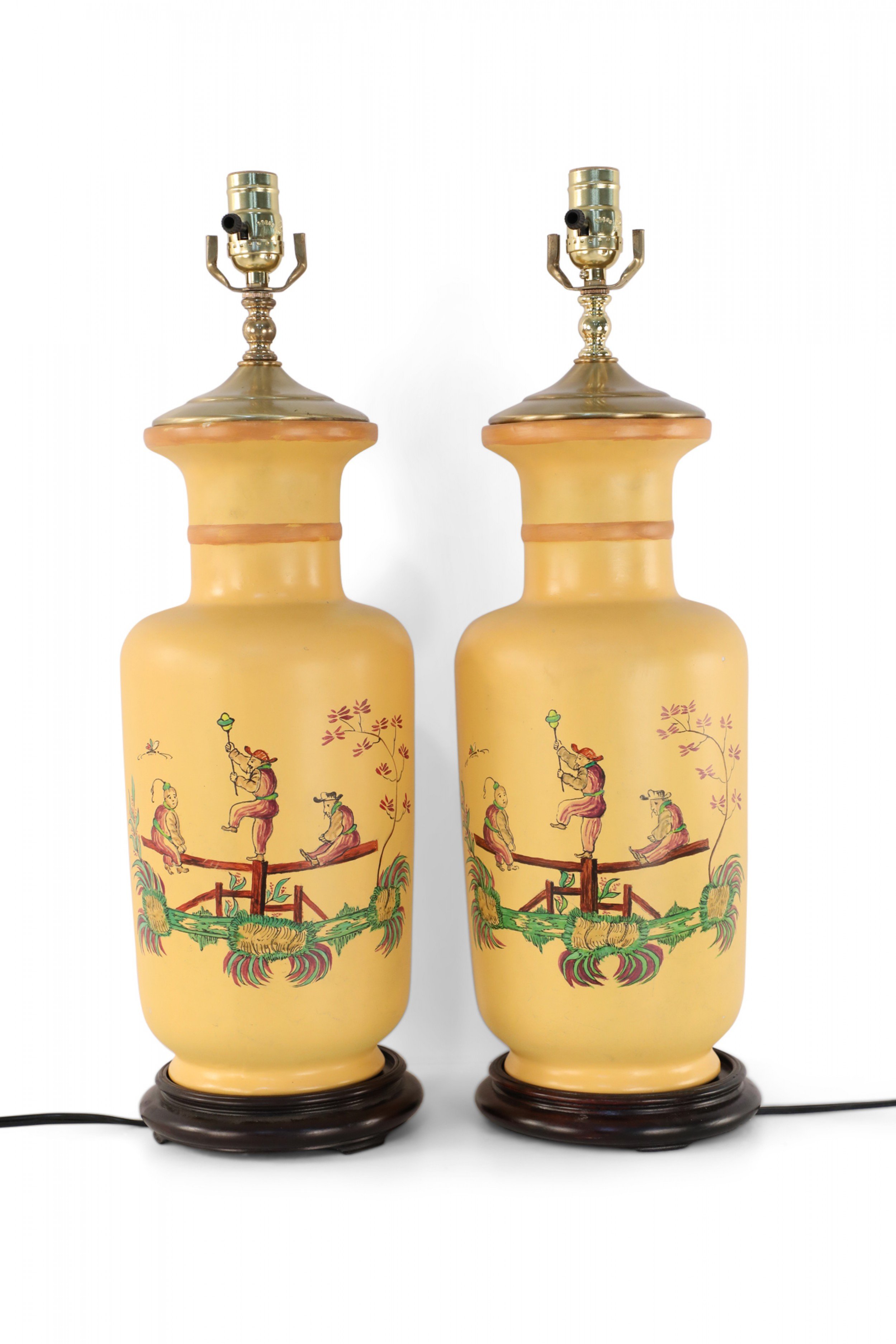 Pair of Chinese Yellow Balancing Scene Table Lamps