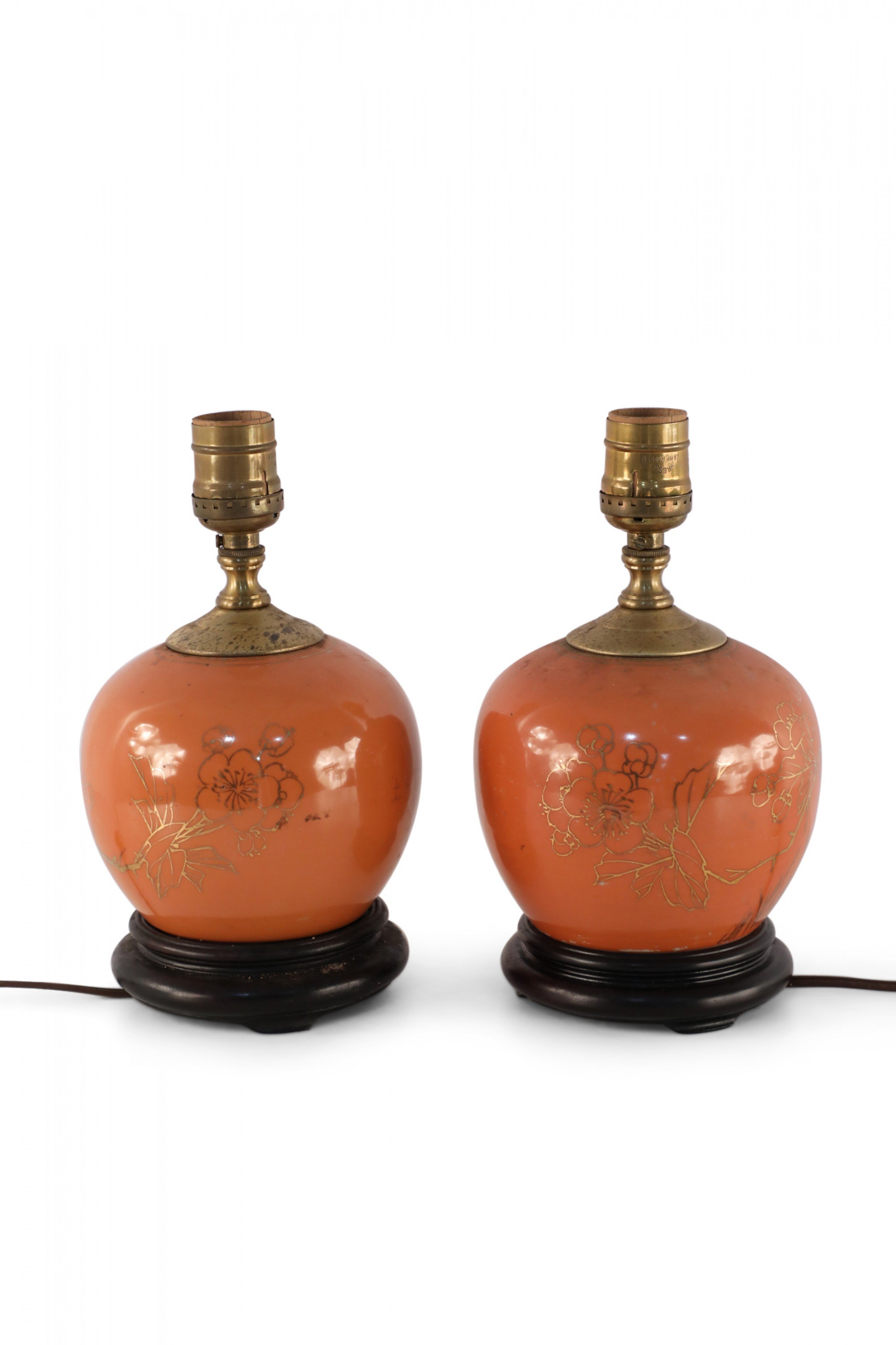 Pair of Antique Chinese Orange and Gold Floral Round Ceramic Table Lamps