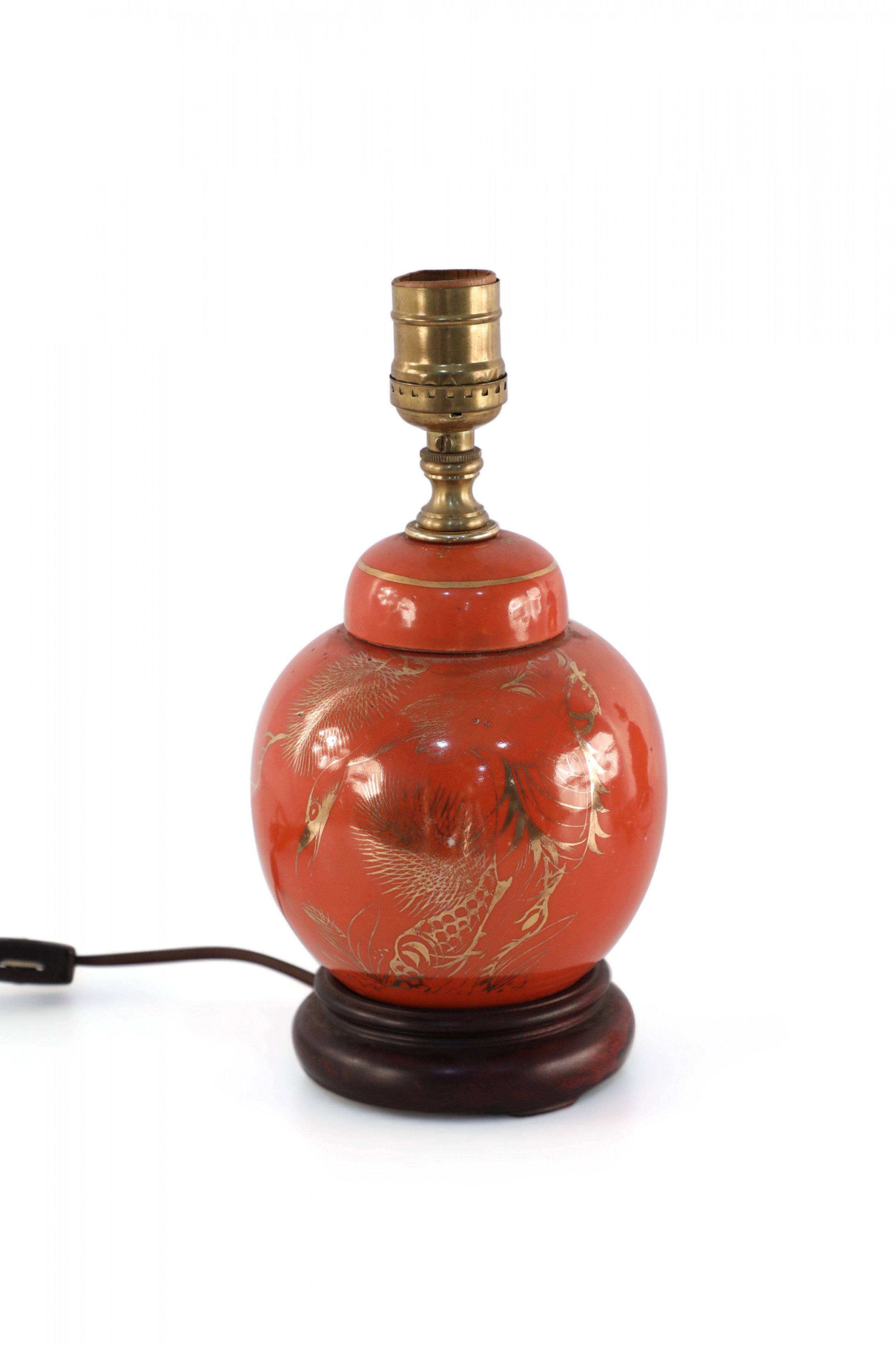 Antique Chinese Orange and Gold Crane Design Ceramic Table Lamp