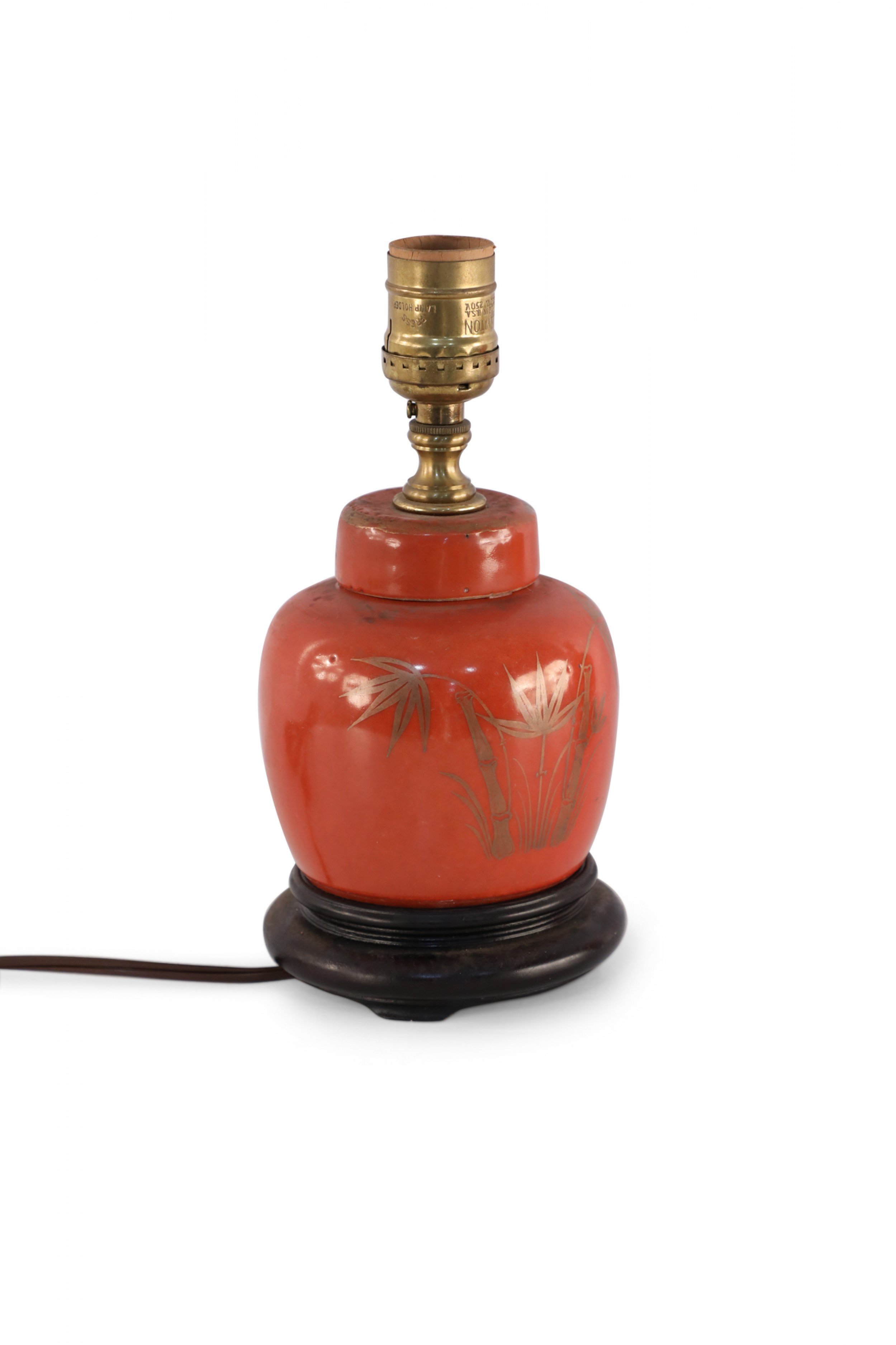 Antique Chinese Orange and Metallic Bamboo Design Ceramic Table Lamp