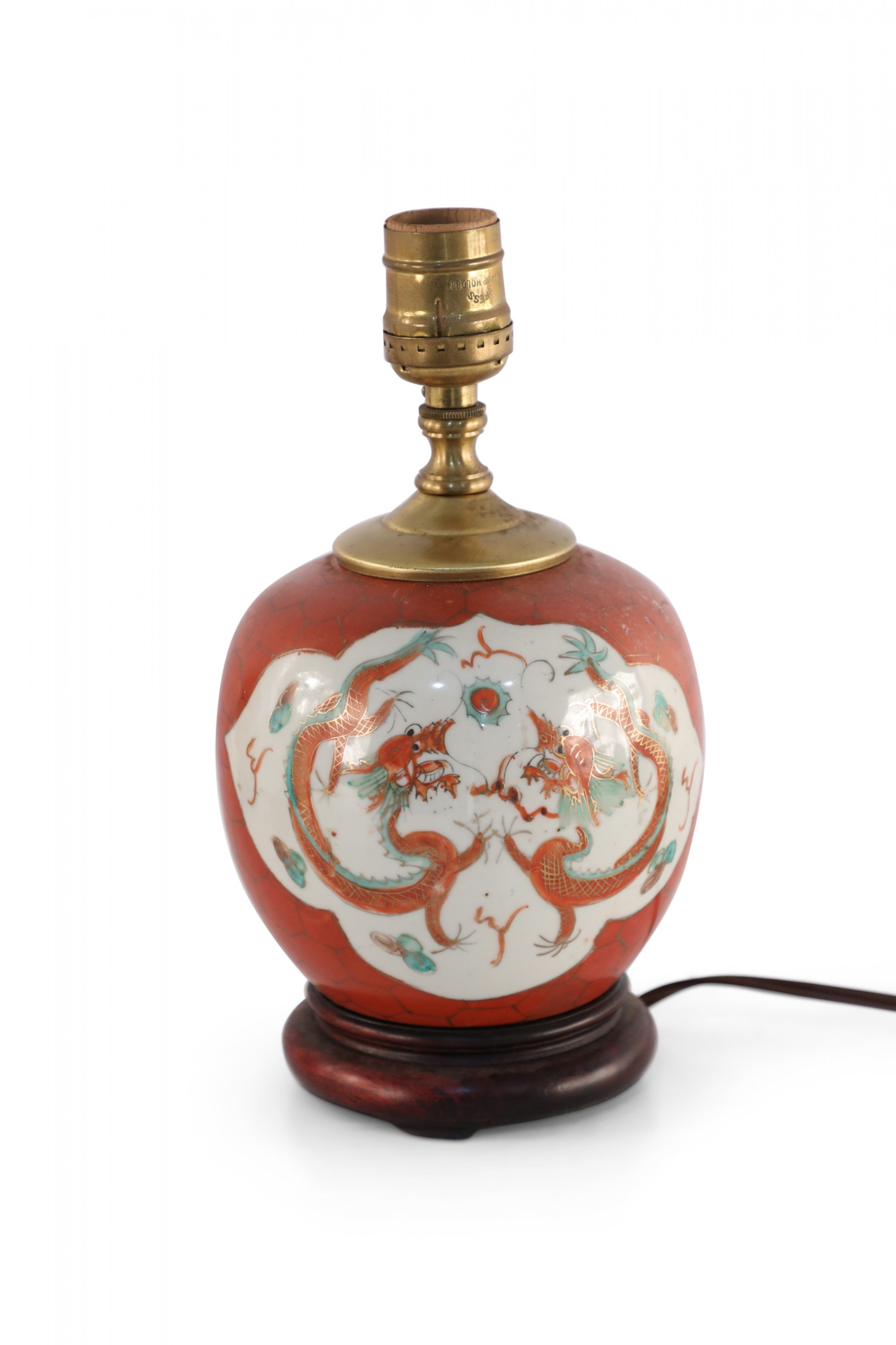 Antique Chinese Orange and White Dragon Motif Ceramic Table Lamp