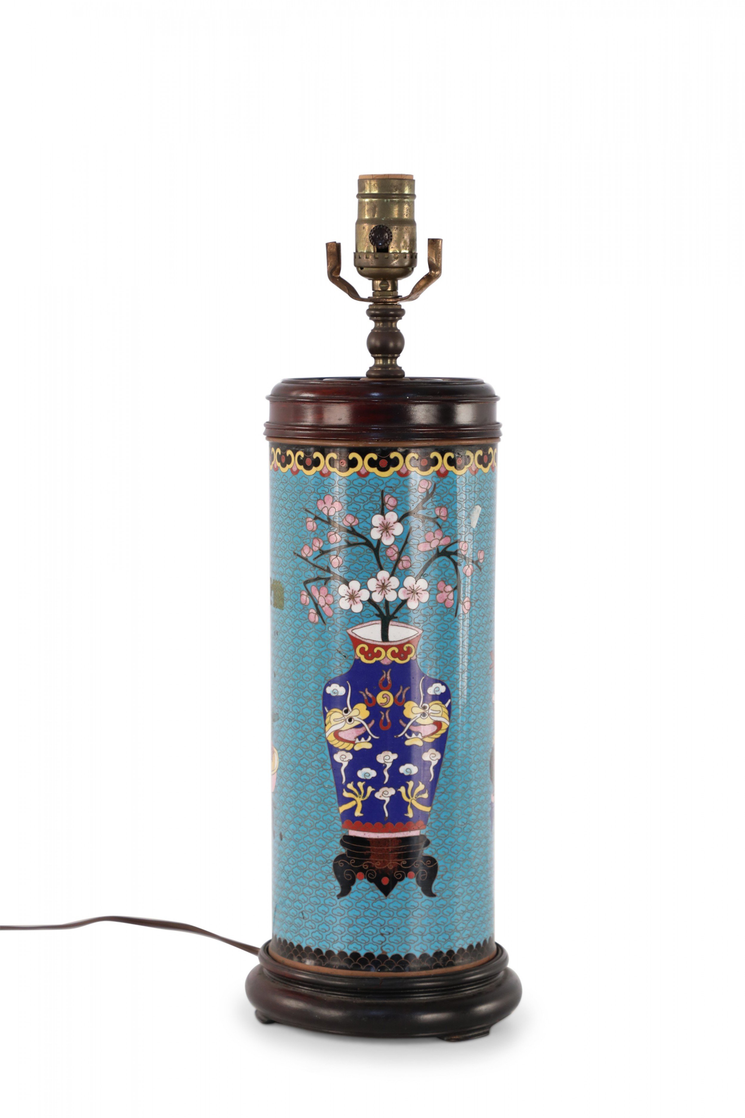 Chinese Teal Cylindrical Patterned Cloisonne Table Lamp