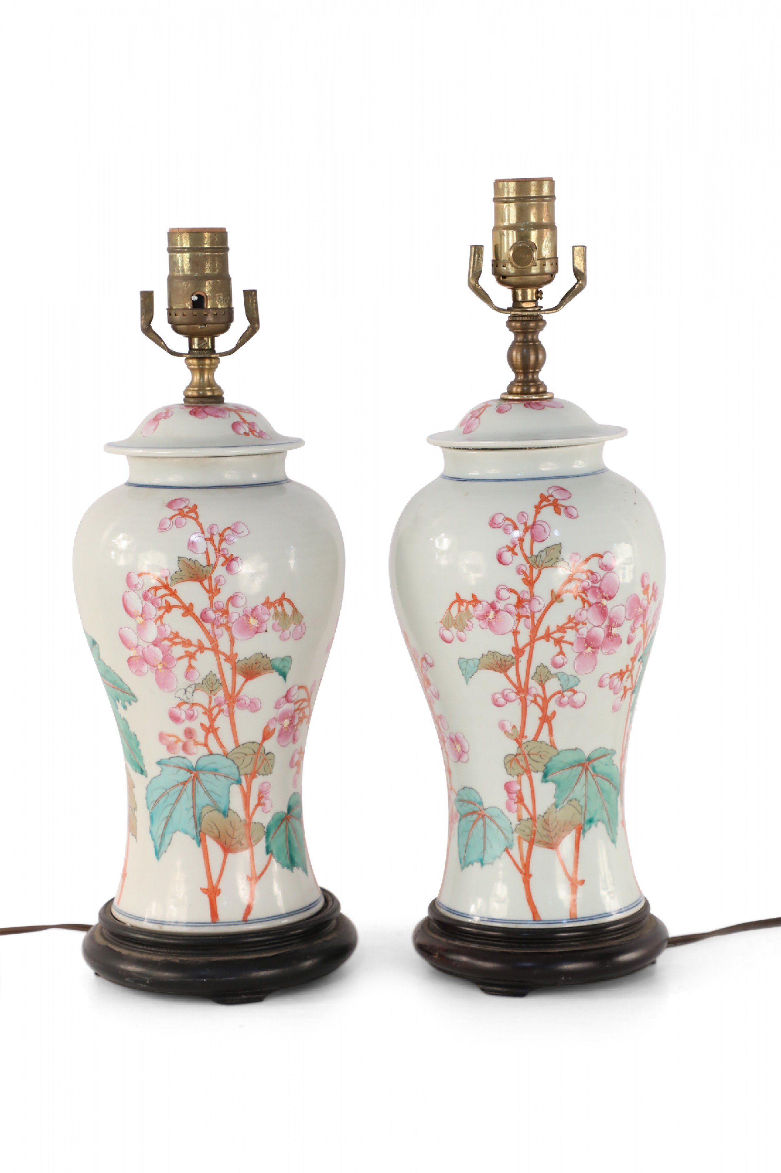 Pair of Chinese Off White Orange and Pink Floral Motif Table Lamps