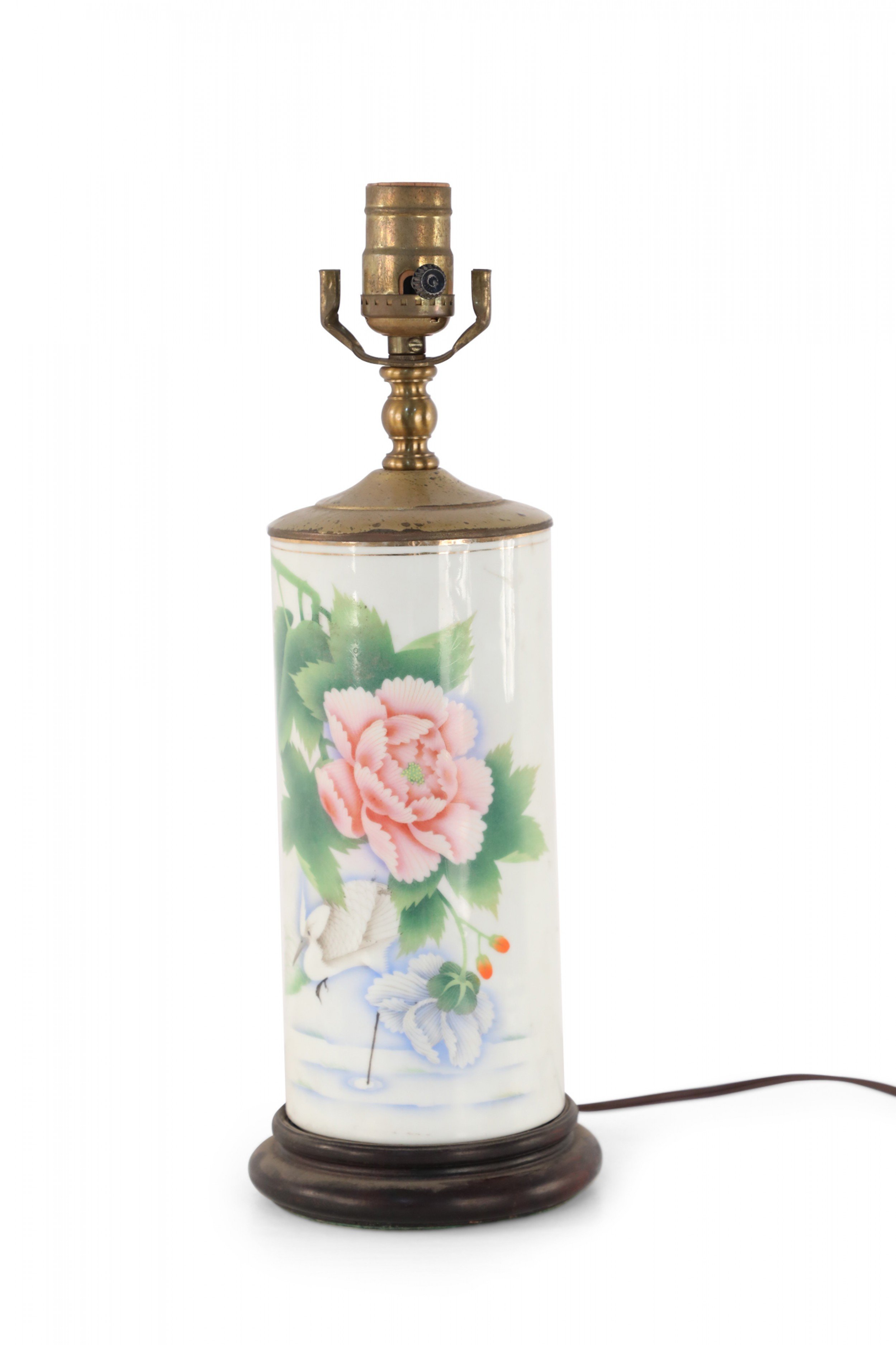 Chinese White and Floral Column Table Lamp