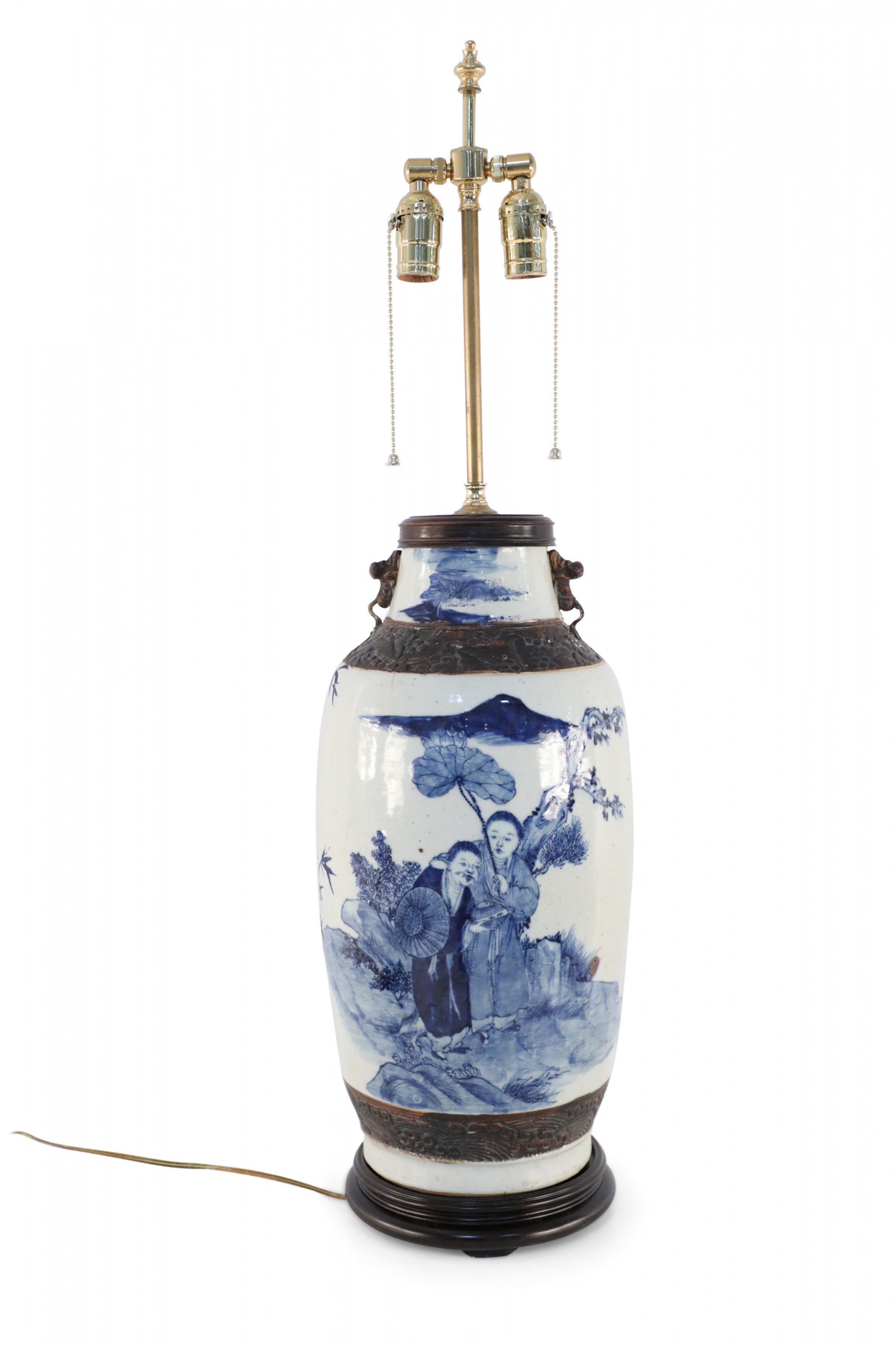Chinese Off White and Blue Figurative Scene Stoneware Table Lamp