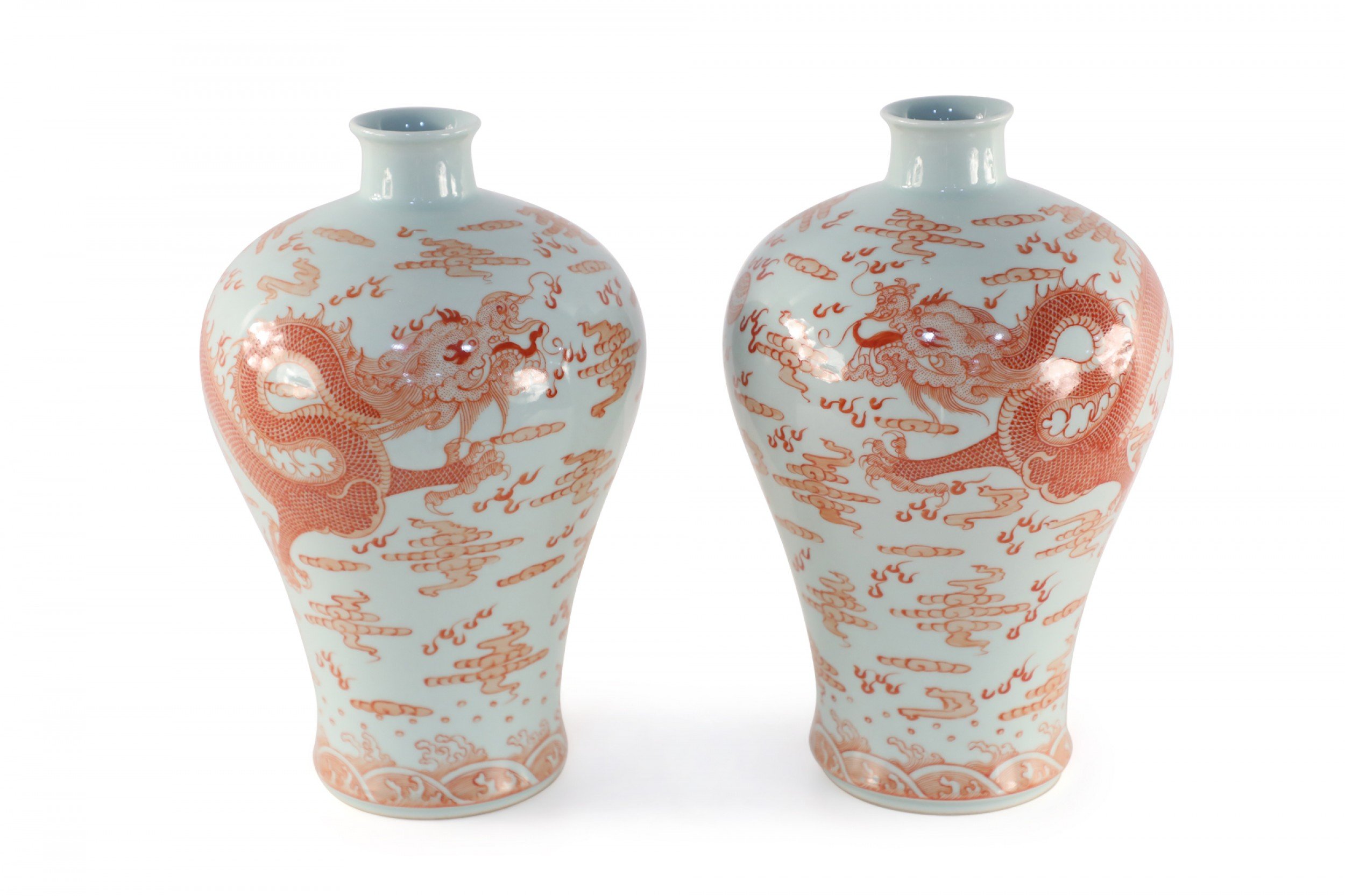 Pair of Chinese Qing Dynasty Style Gray and Alum Red Dragon Motif Meiping Porcelain Vases