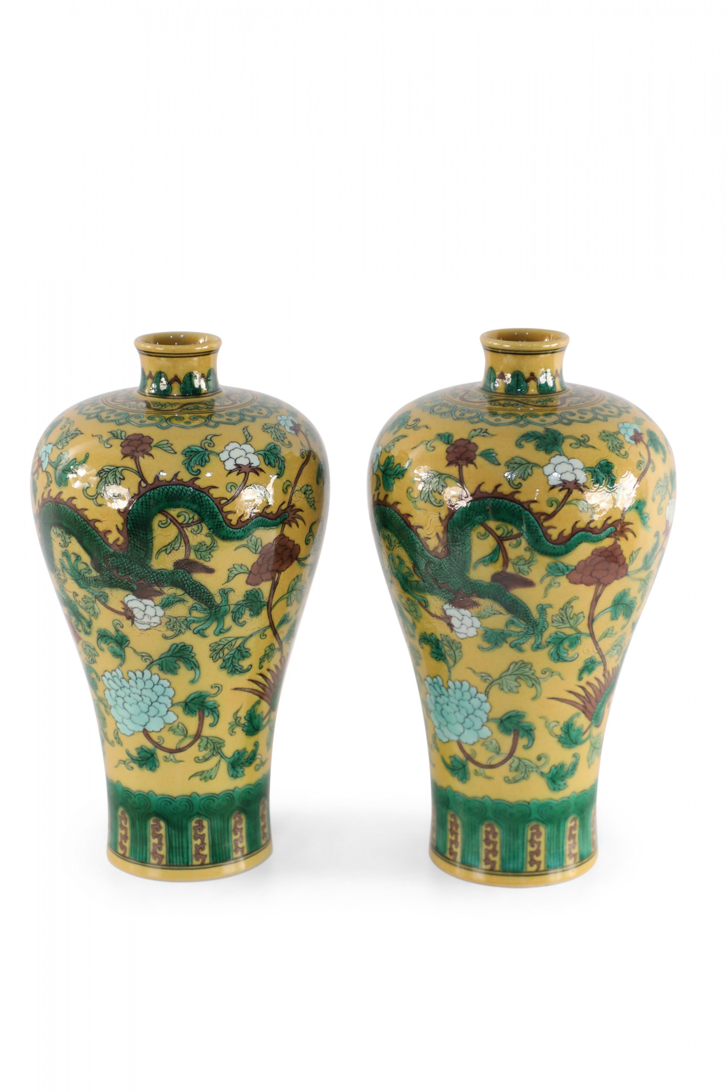 Pair of Chinese Qing Dynasty Style Yellow and Green Dragon Meiping Vases