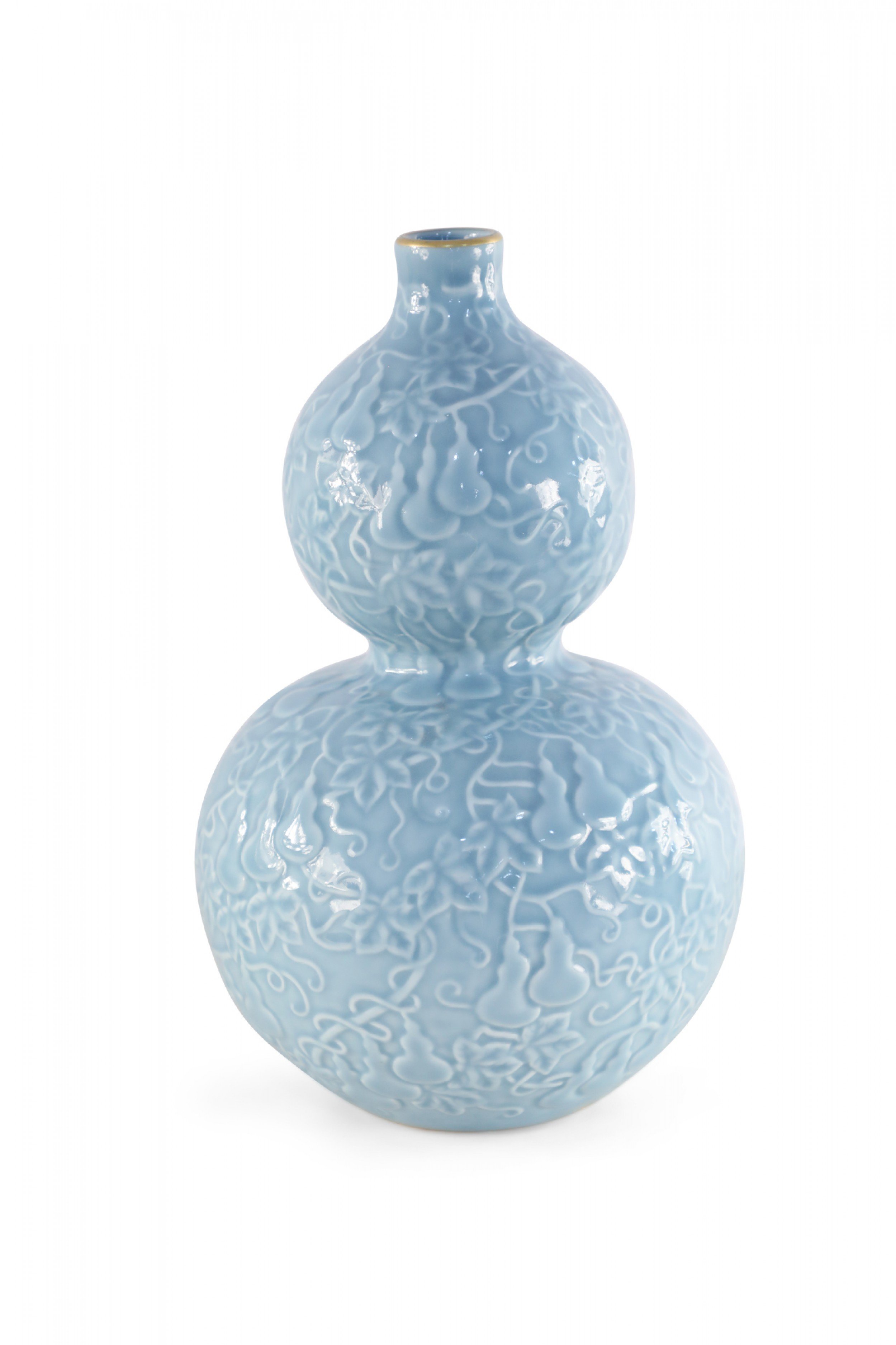 Chinese Qing Dynasty Style Blue Patterned Double Gourd Vase with Gold Rim