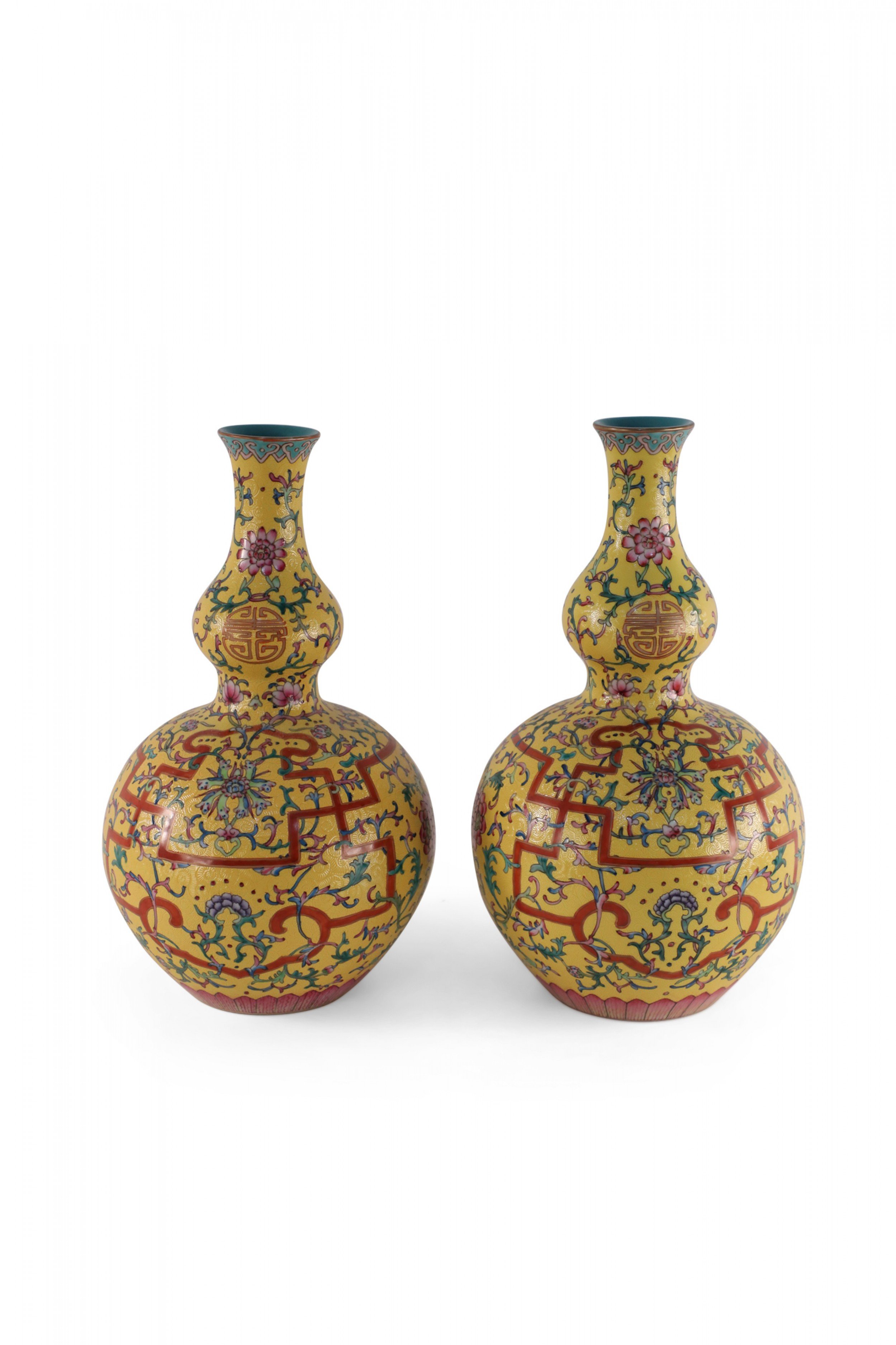 Pair of Chinese Qing Dynasty Style Yellow and Floral Design Double Gourd Vases 