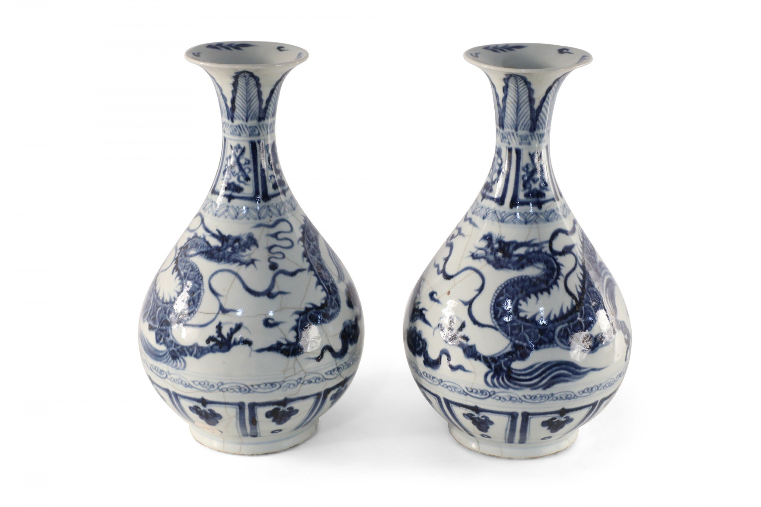 Pair of Chinese Blue and White Dragon Motif Jade Pot Spring Bottle Vases