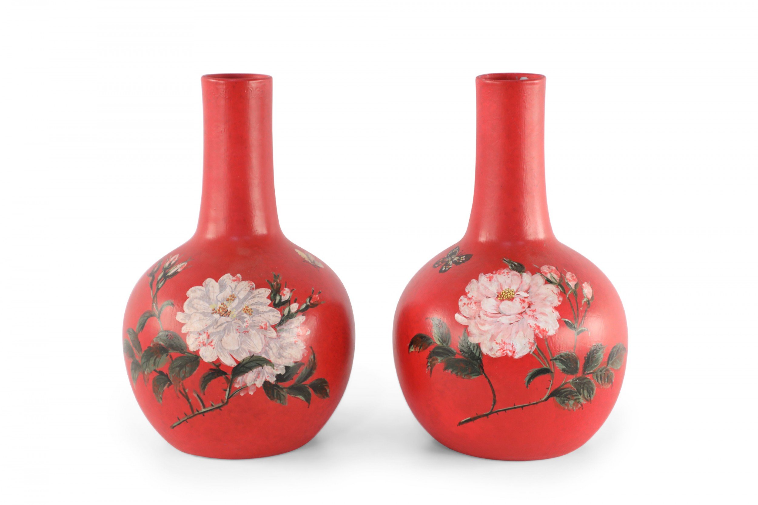 Pair of Chinese Red and Flower Design Vases