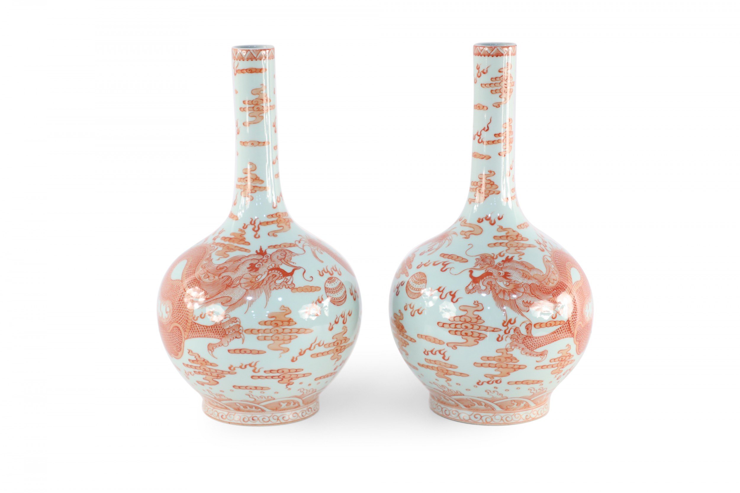 Pair of Chinese Qing Dynasty Style Gray and Alum Red Dragon Motif Globular Porcelain Vases
