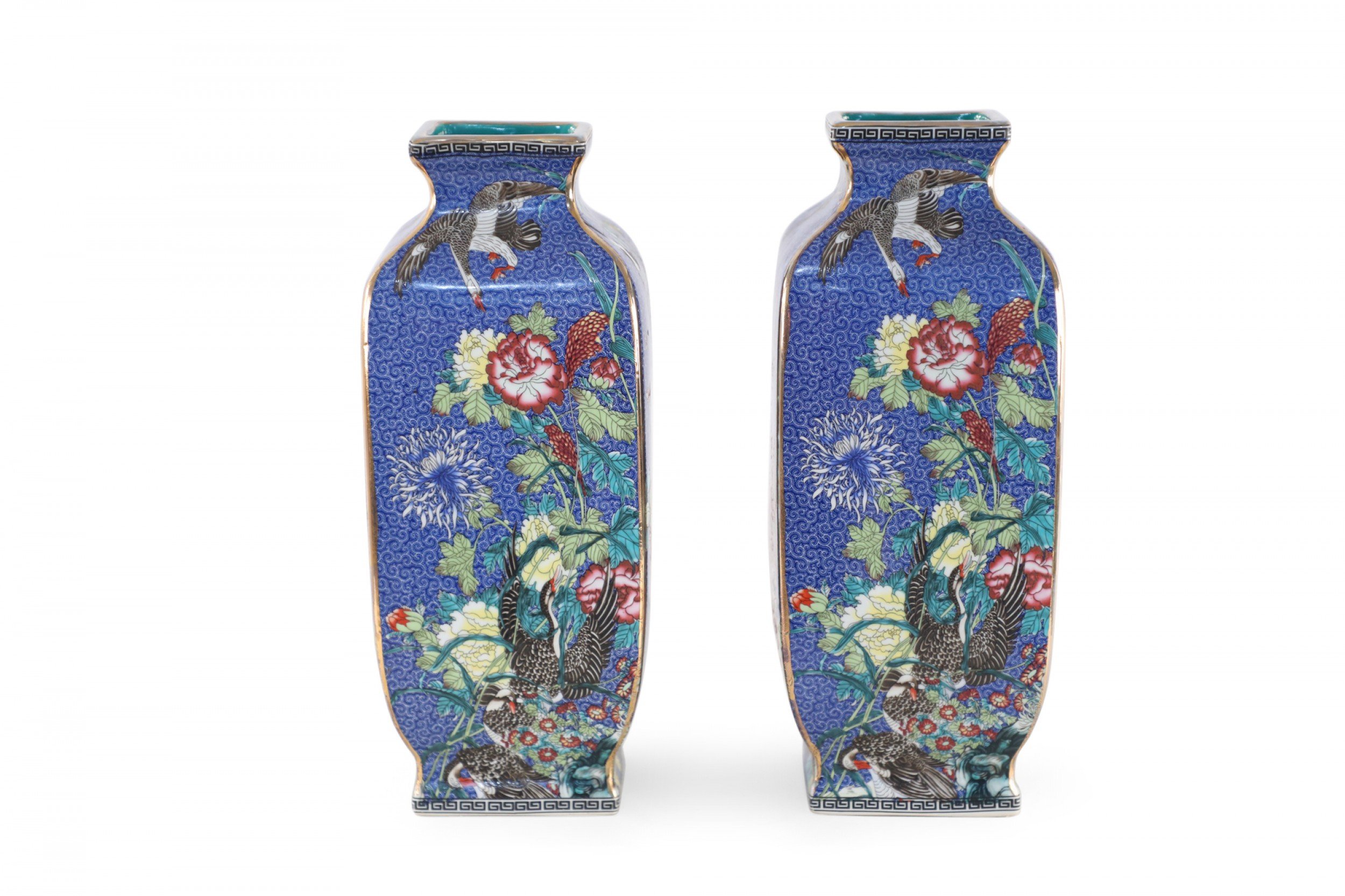 Pair of Chinese Qing Dynasty Style Blue and Floral Sleeve Vases