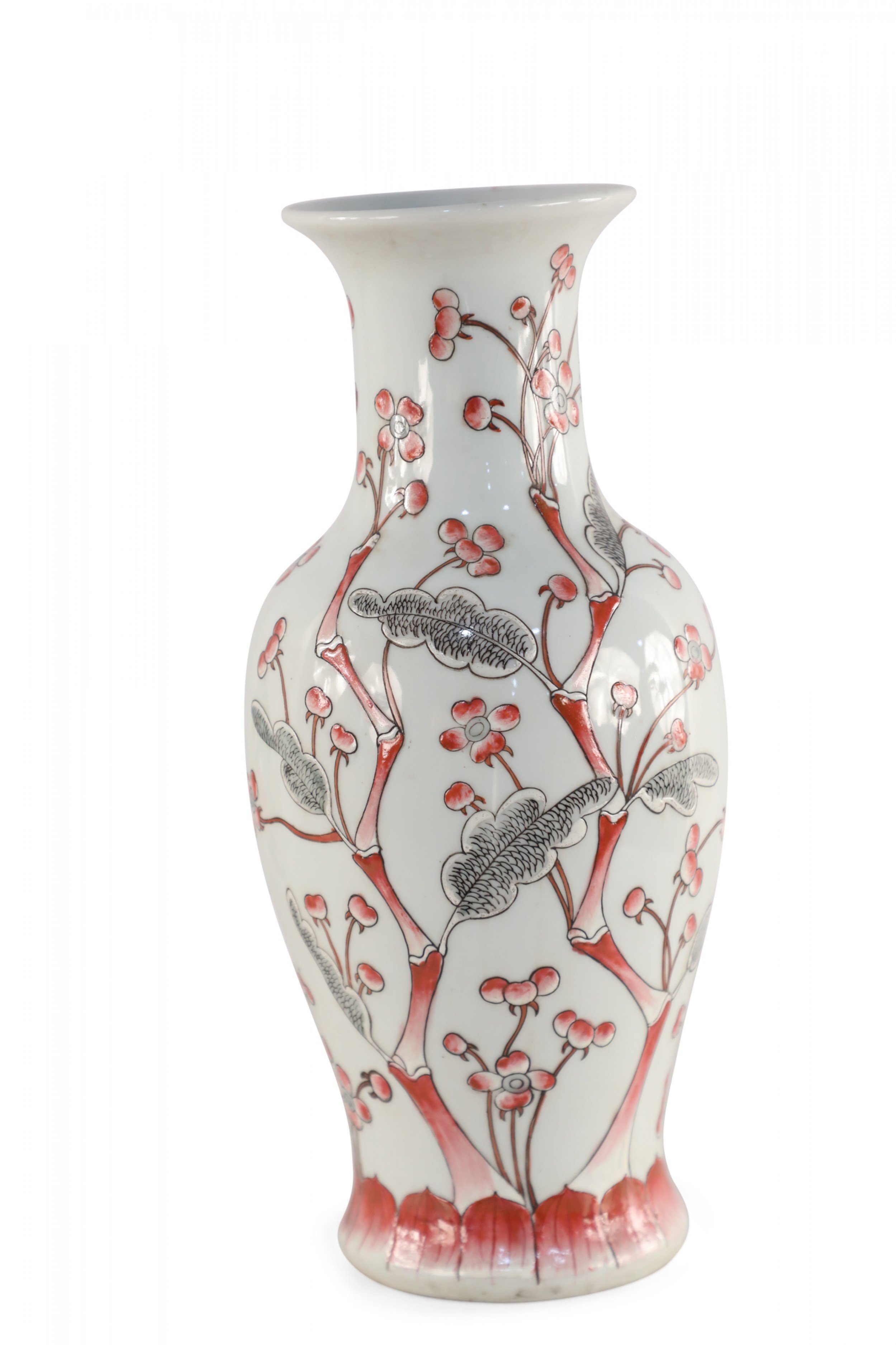 Chinese Light Gray and Red Cherry Blossom Tree Porcelain Vase