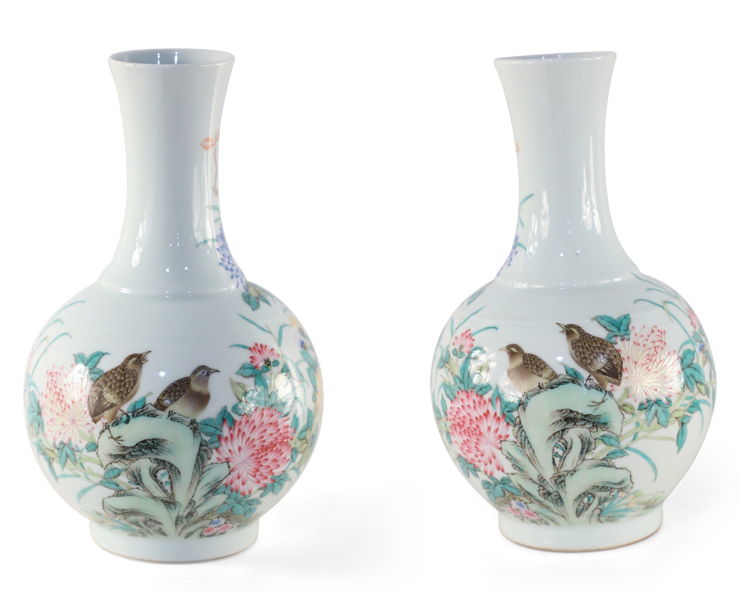 Pair of Chinese Qing Dynasty Style White Chrysanthemum and Quail Design Globular Vases