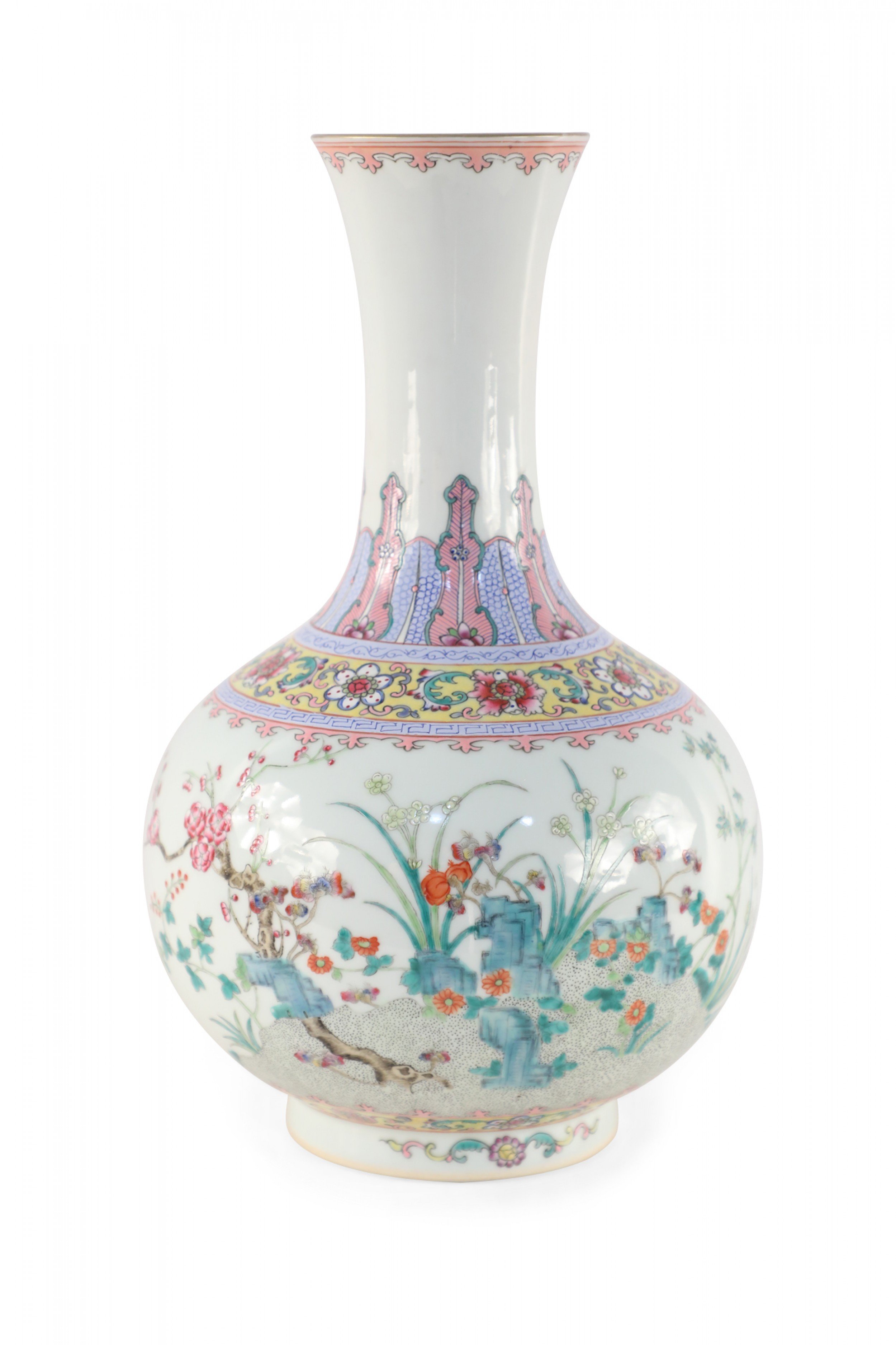 Chinese Off White and Botanical Design Globular Porcelain Vase