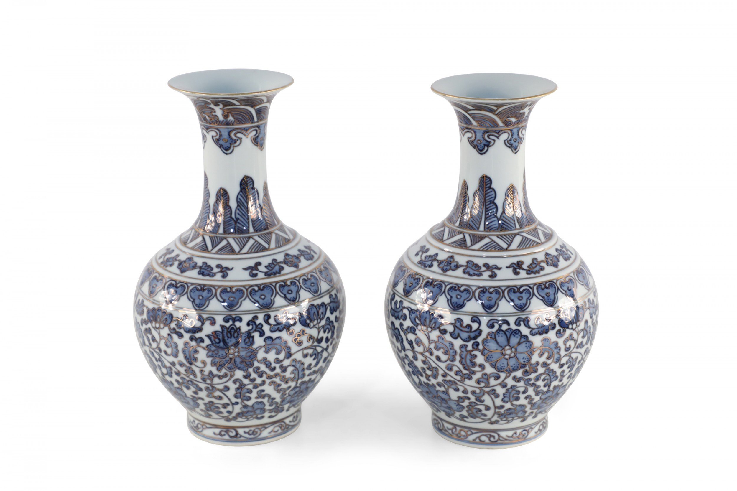 Pair of Chinese Qing Dynasty Style Blue and White Gold Lined Porcelain Vases
