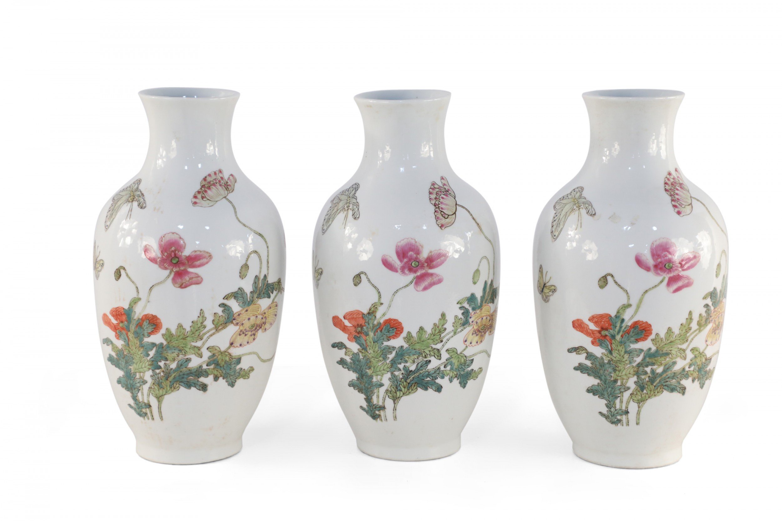 Chinese White Floral and Butterfly Patterned Porcelain Vases