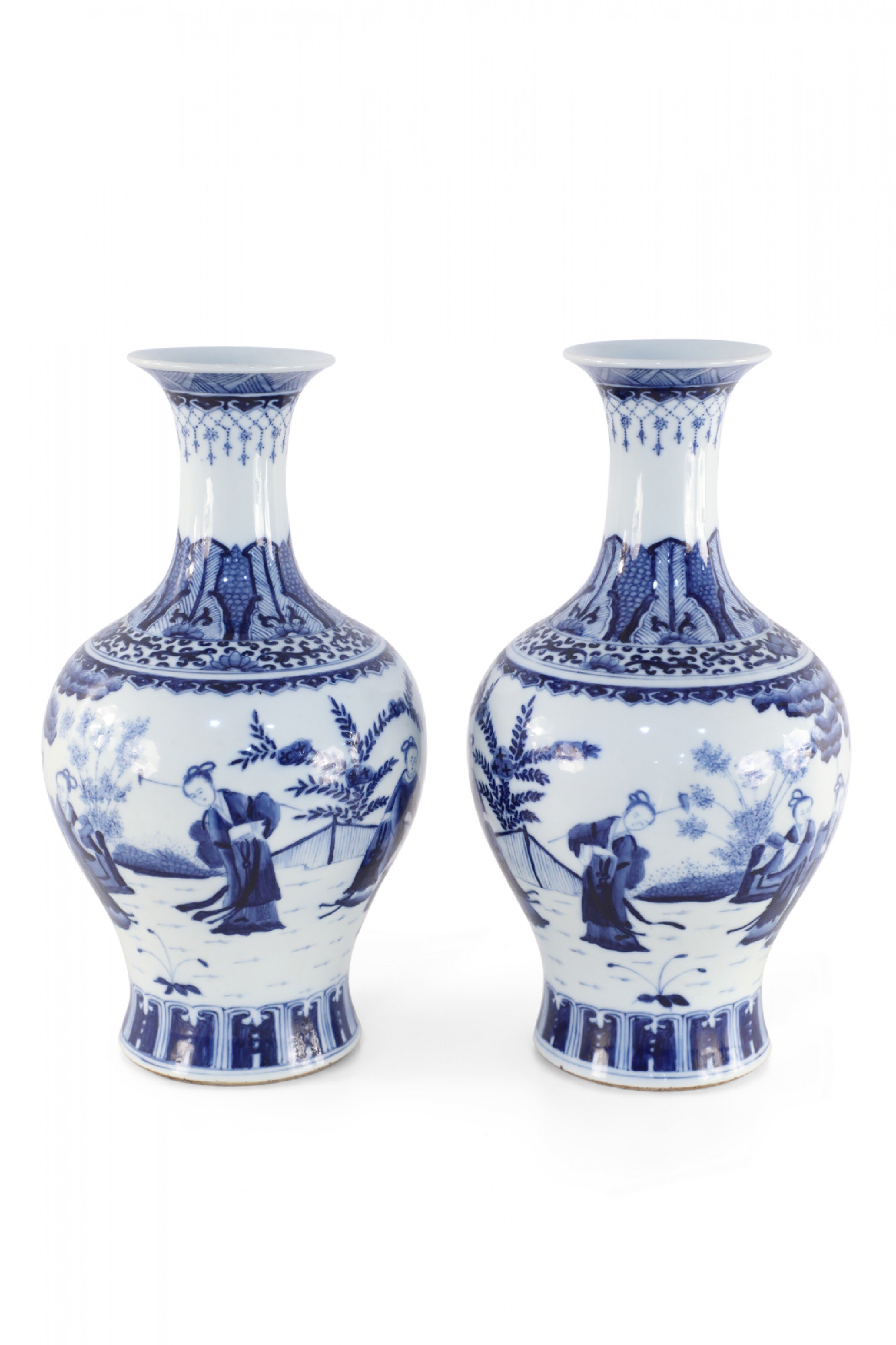 Pair of Chinese Qing Dynasty Style White and Blue Figurative Scene Vases