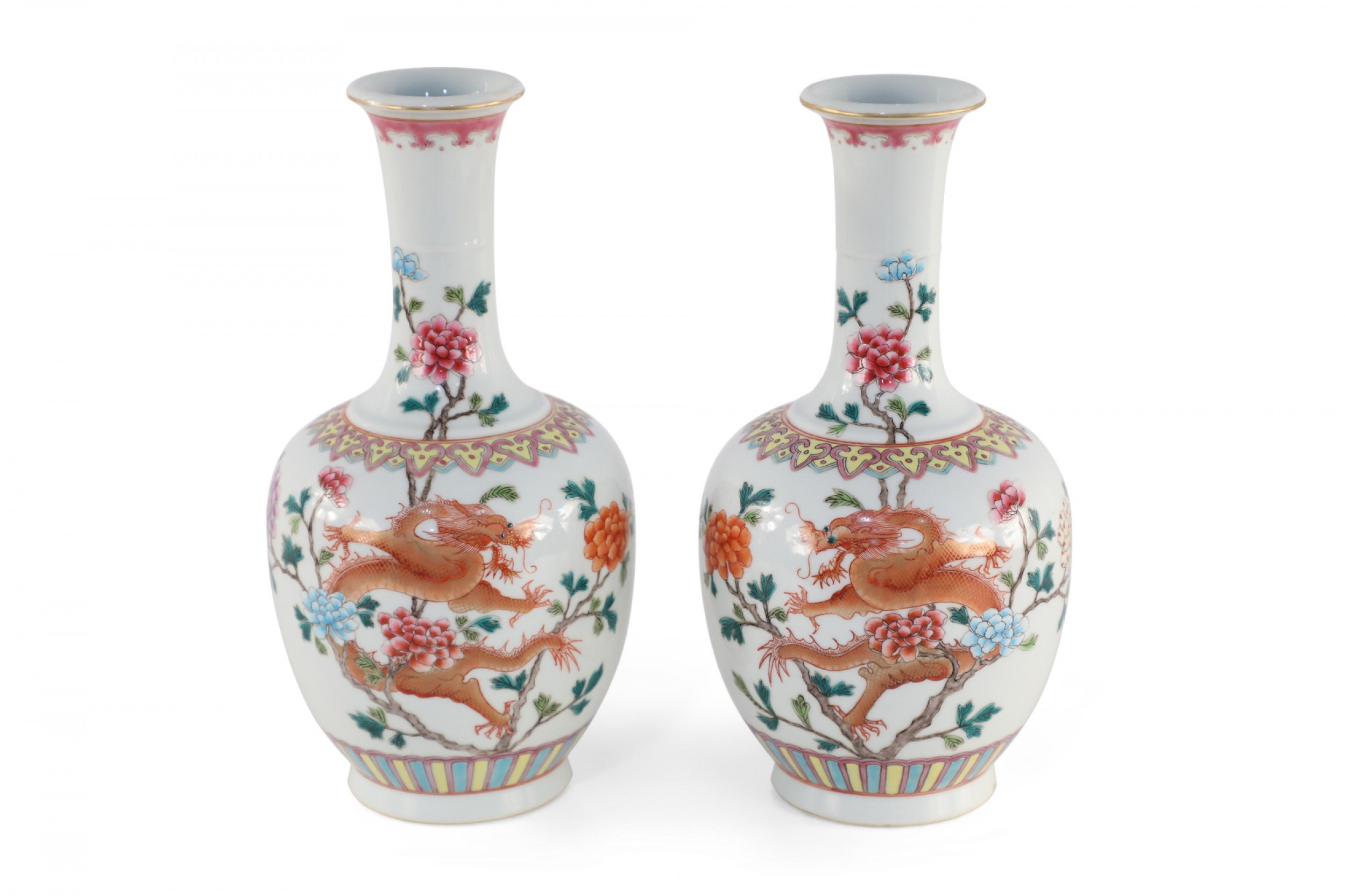 Pair of Chinese Qing Dynasty Style Orange Dragon and Floral Motif Vases 