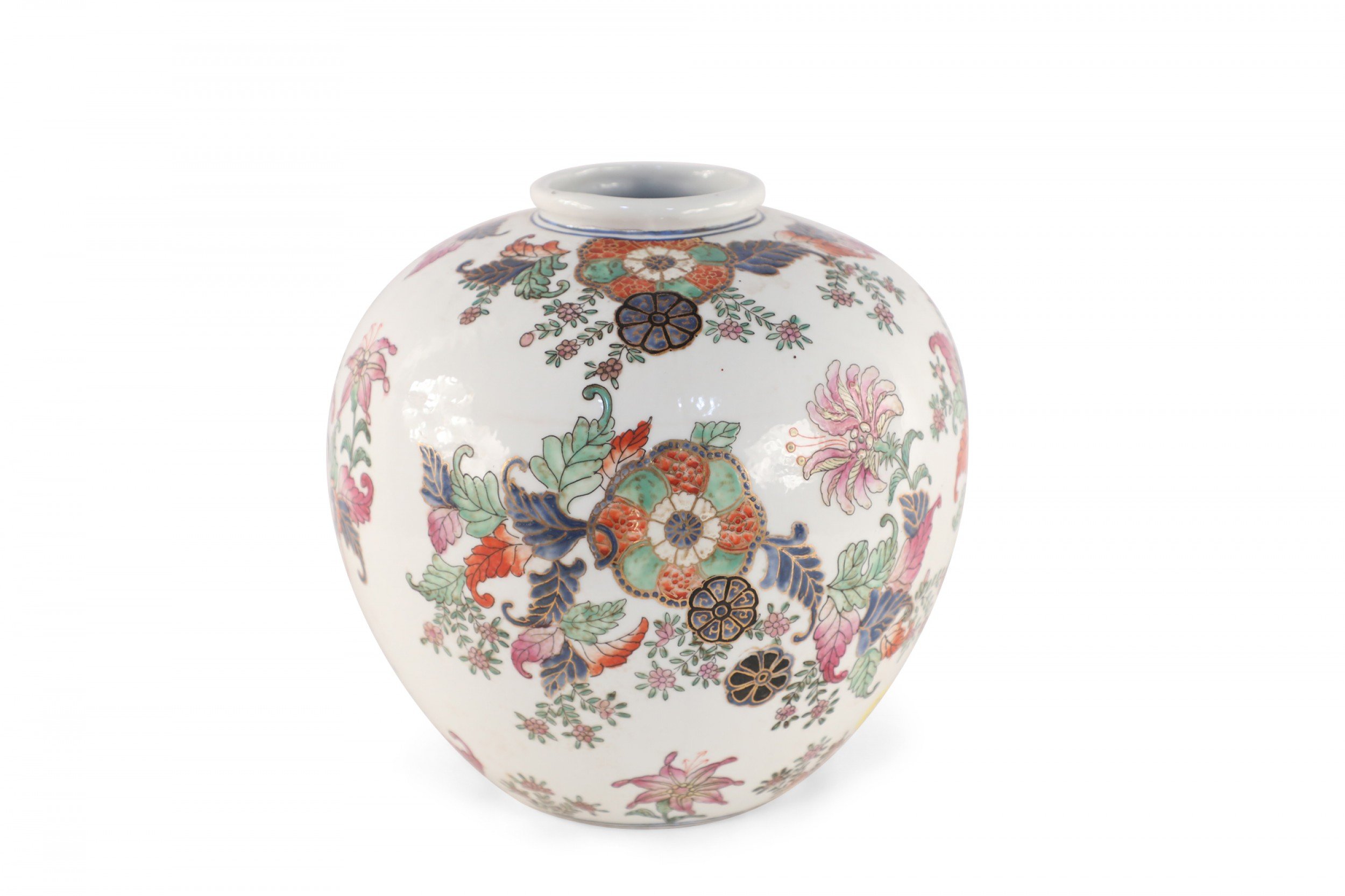 Chinese White and Multicolor Floral Round Porcelain Vase