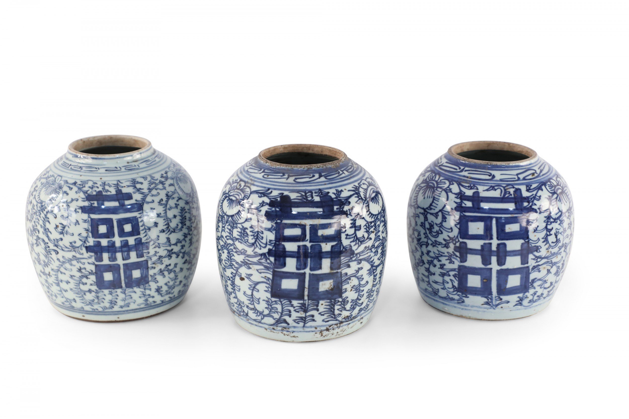 Chinese White and Blue Character and Floral Ginger Jar Vases