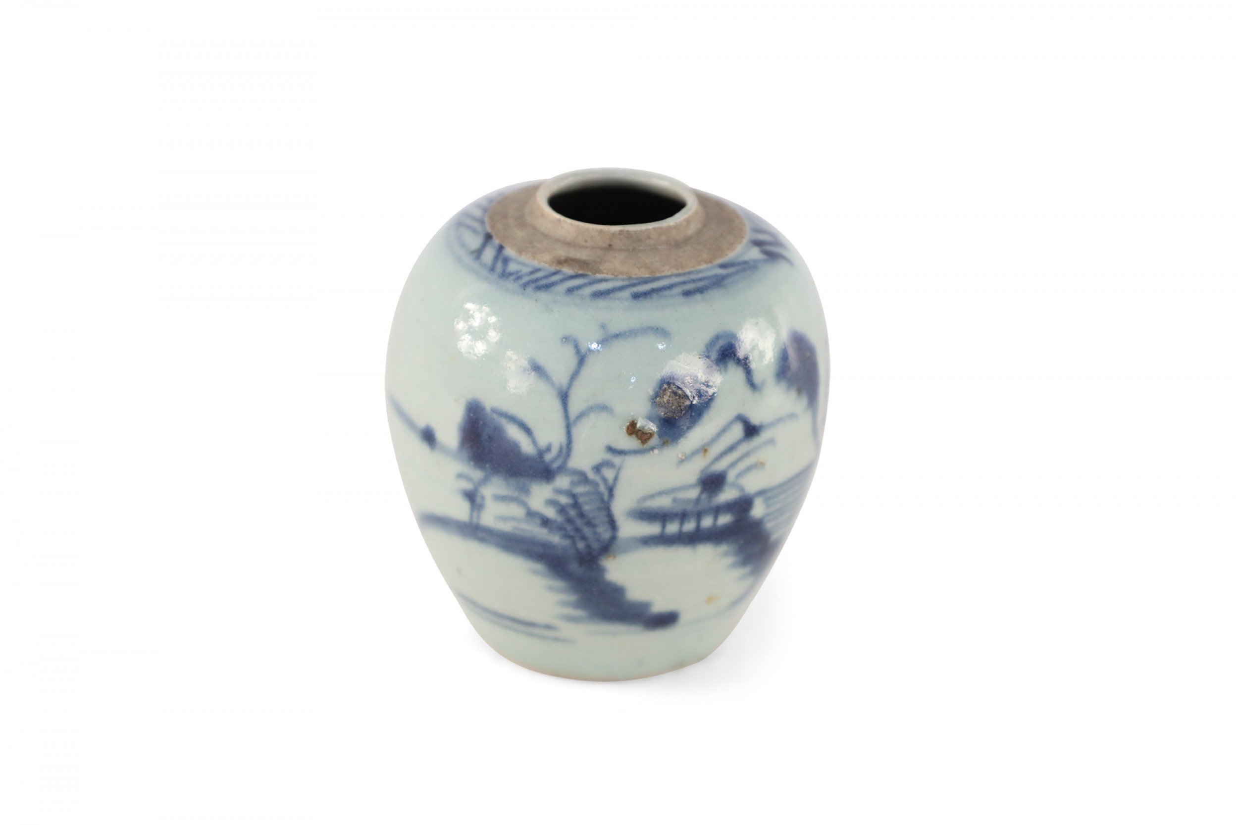 Chinese Off White and Blue Pastoral Scene Porcelain Jar
