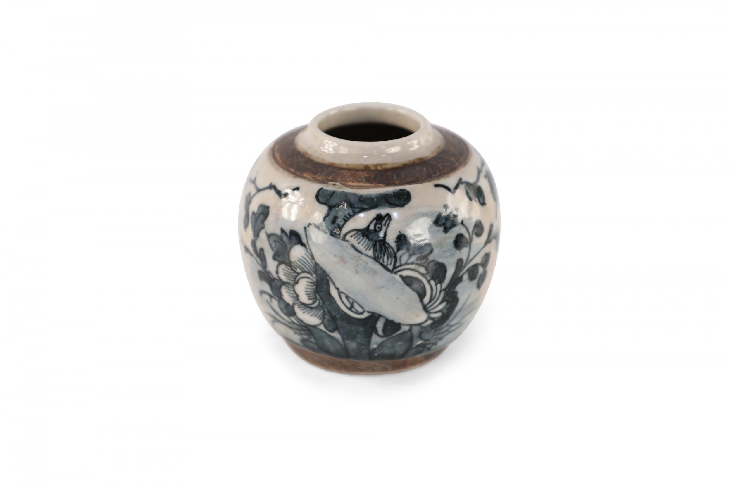 Chinese Beige and Charcoal Floral Porcelain Jar