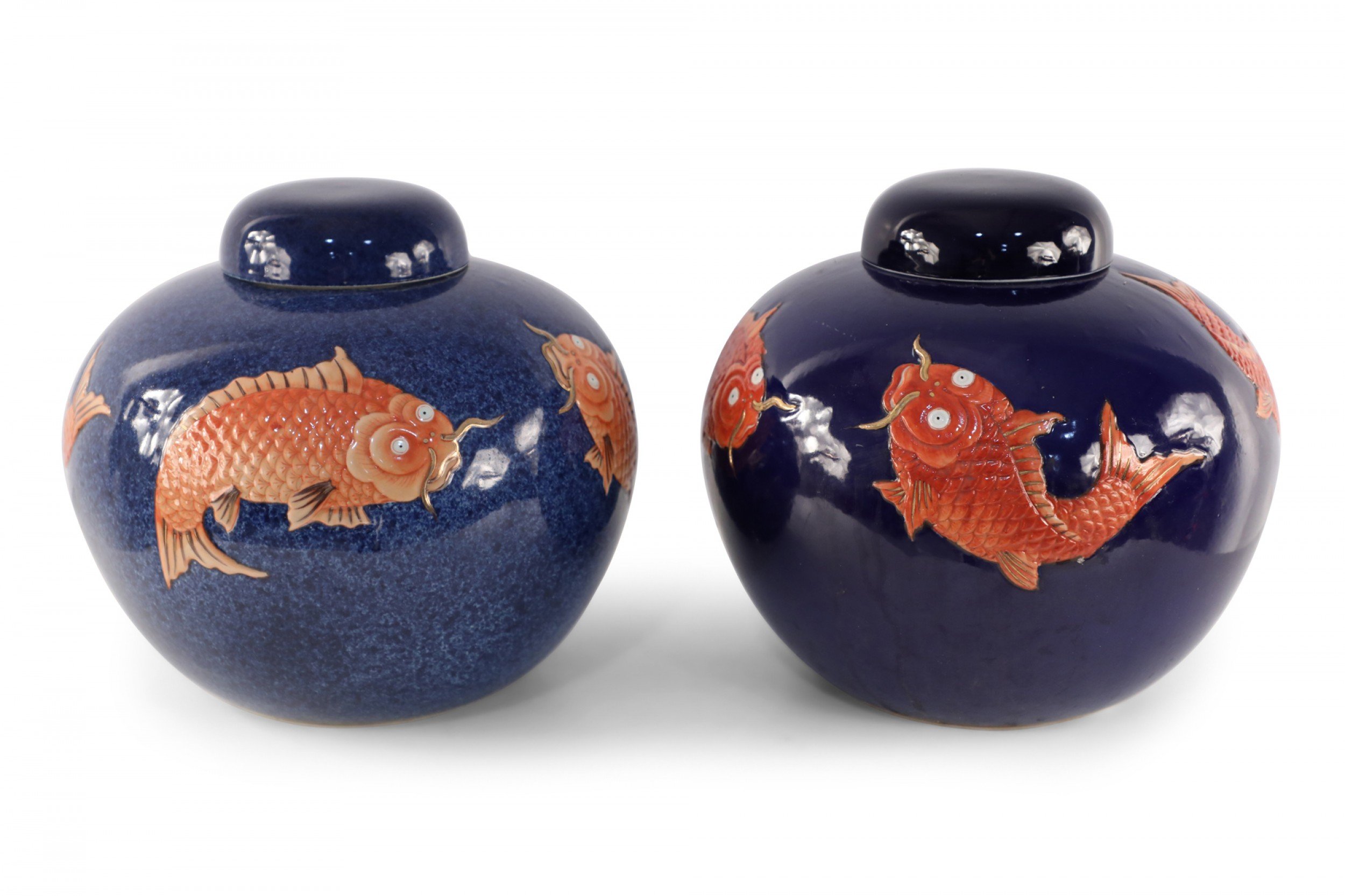 Chinese Blue and Orange Fish Design Round Lidded Porcelain Jars