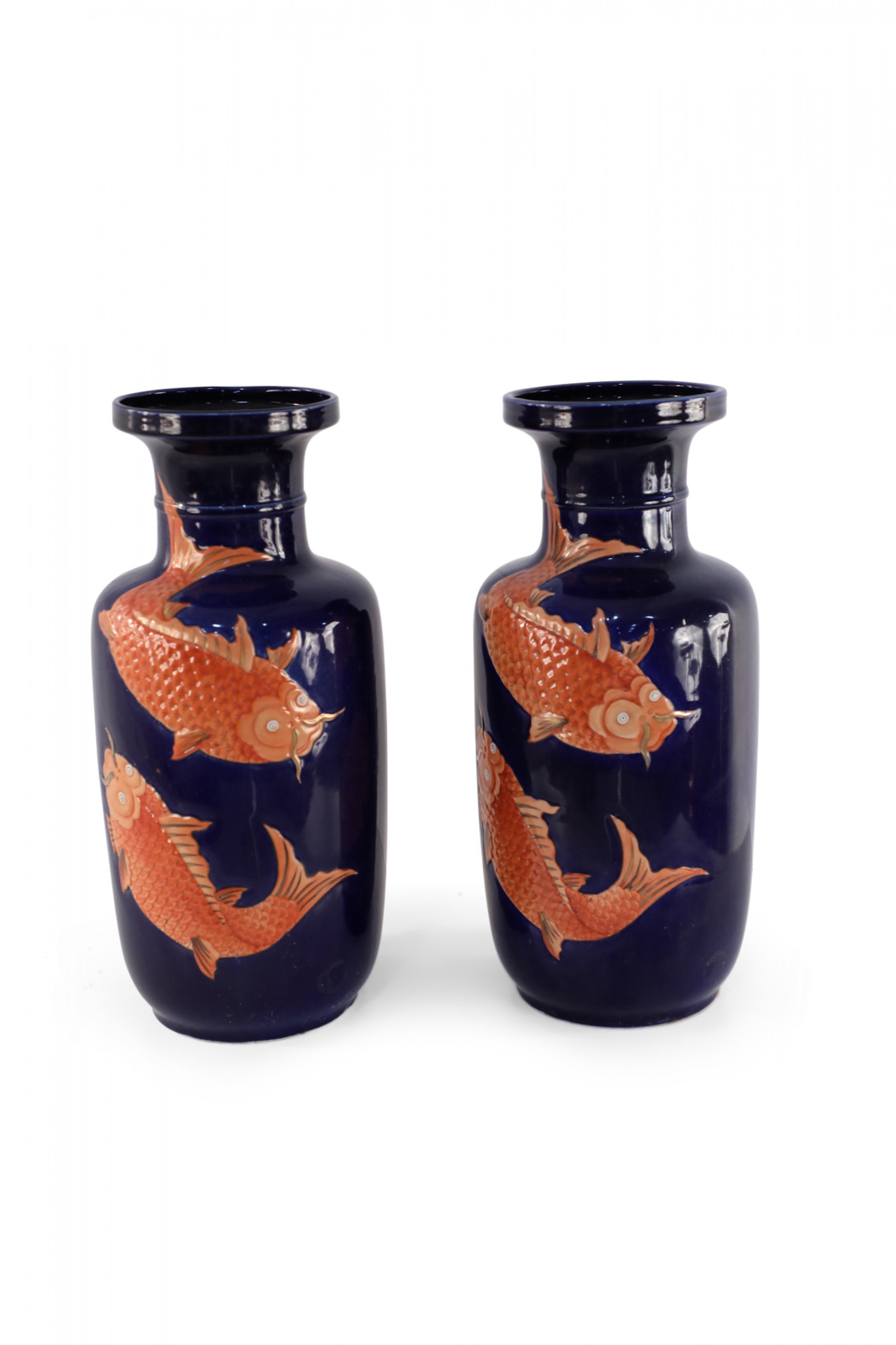 Pair of Chinese Blue and Orange Fish Design Porcelain Sleeve Vases