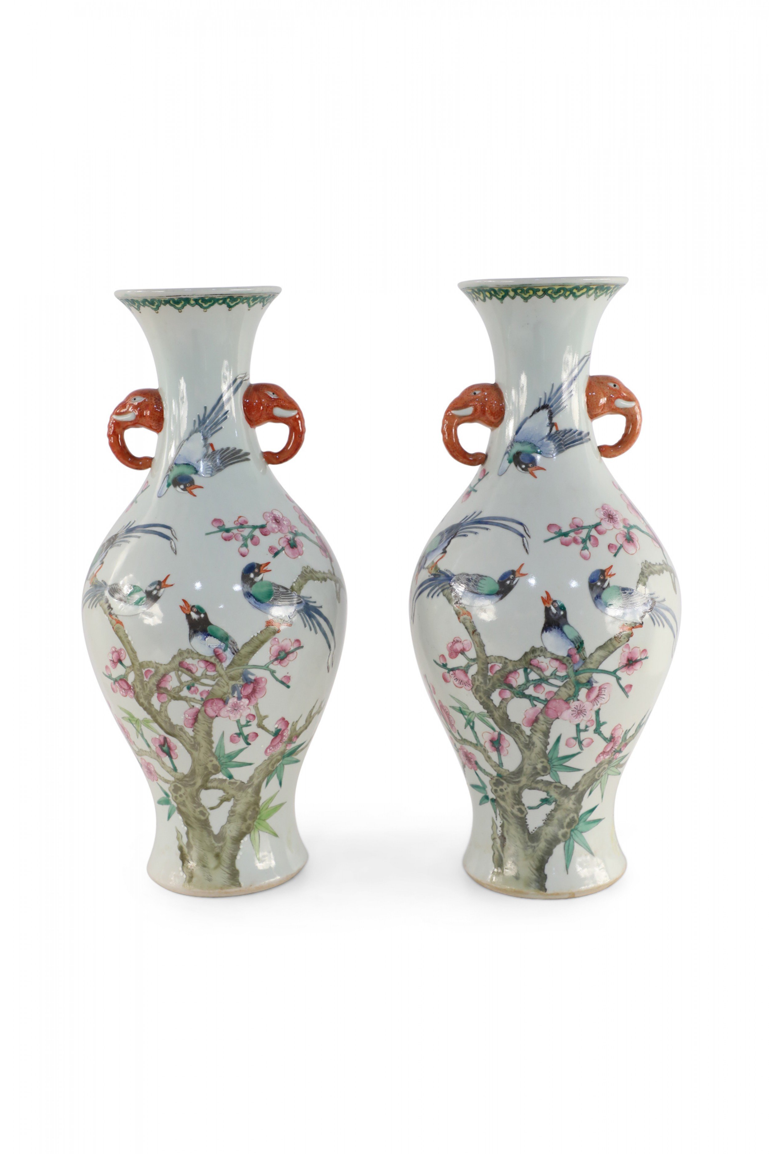 Pair of Chinese Off White Cherry Blossom Tree and Bird Motif Porcelain Vases