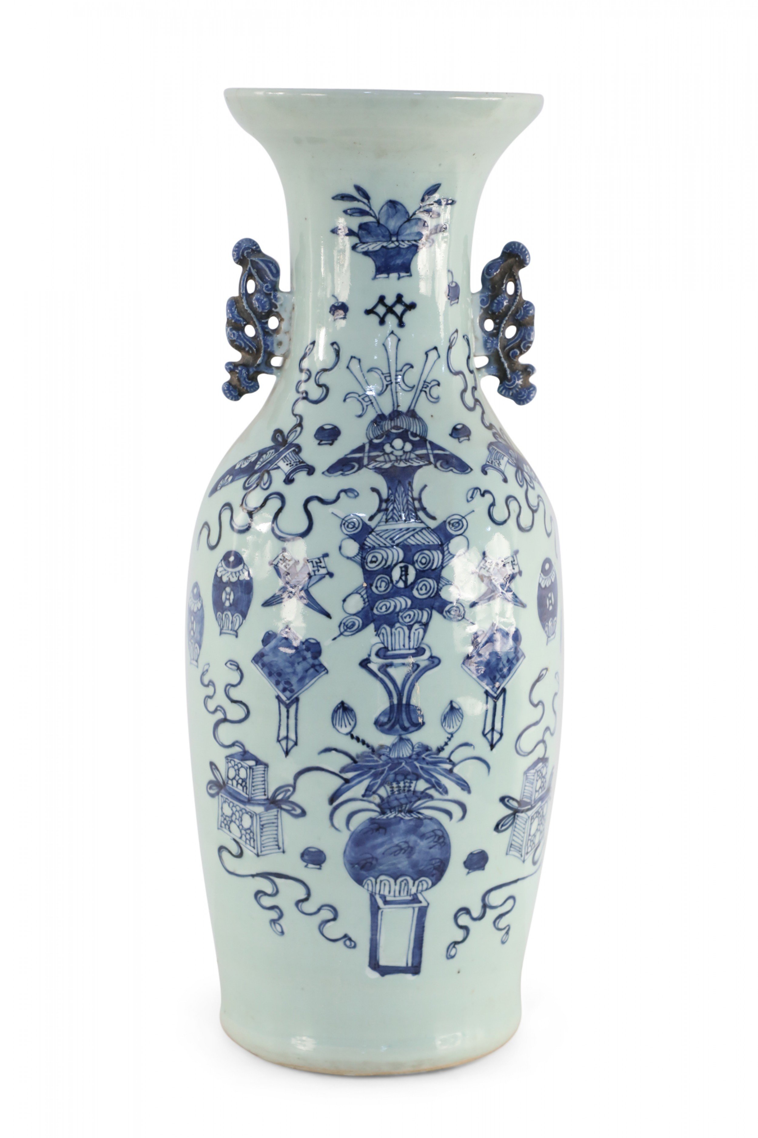 Chinese Off White and Blue Symbol Patterned Porcelain Urn