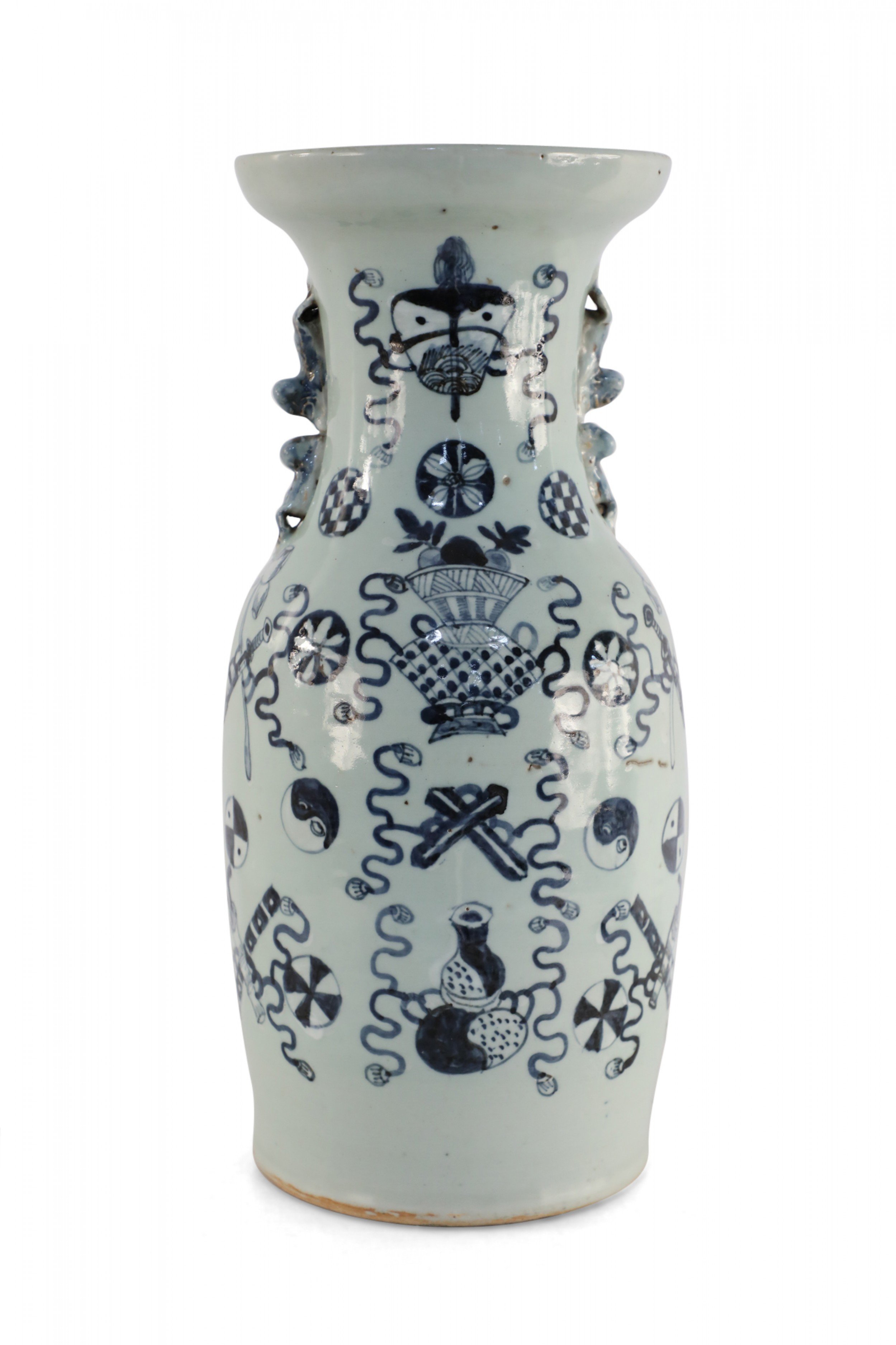 Chinese White and Navy Blue Symbol Patterned Porcelain Urn