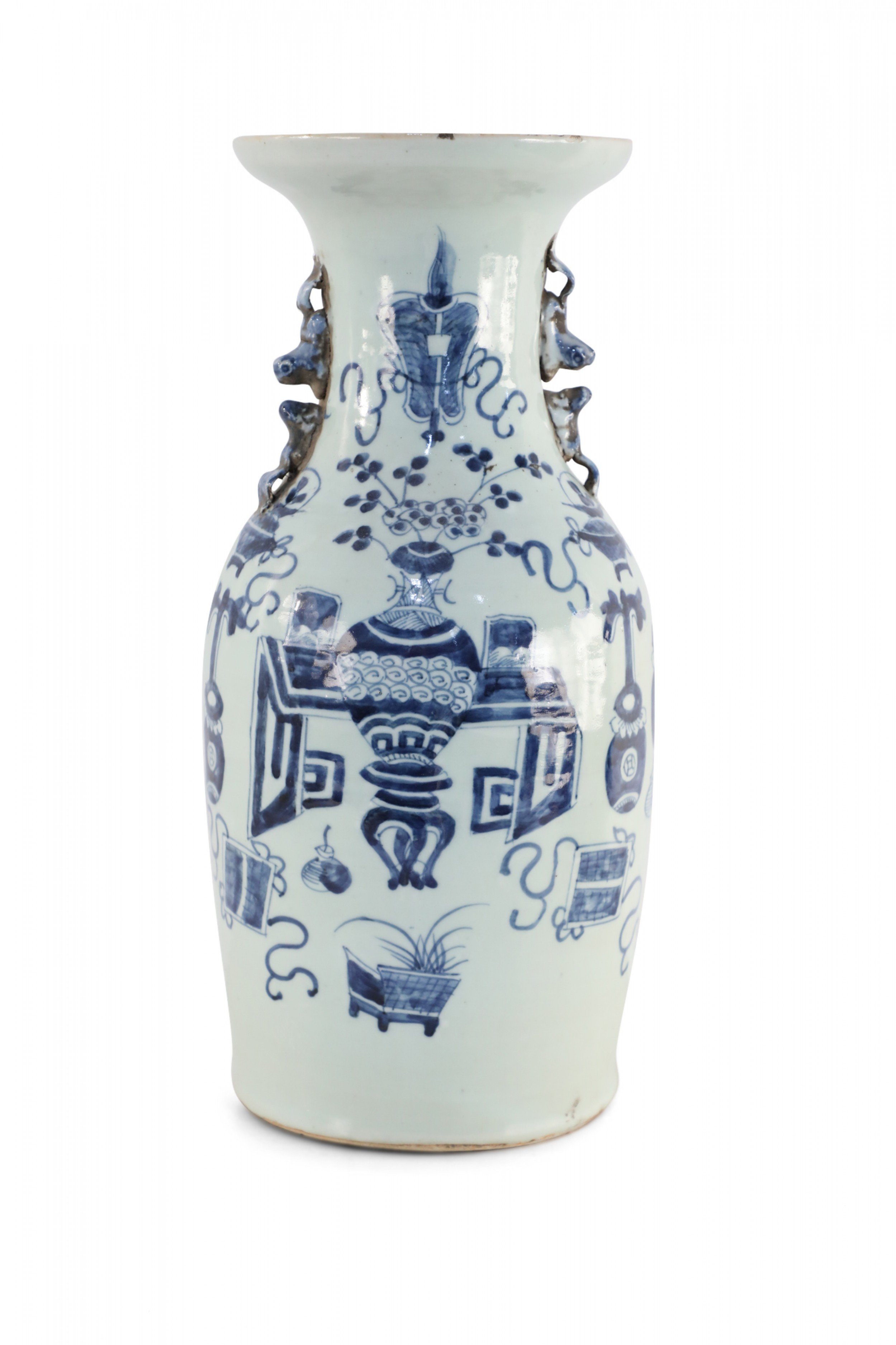 Chinese White and Navy Blue Patterned Handled Porcelain Urn