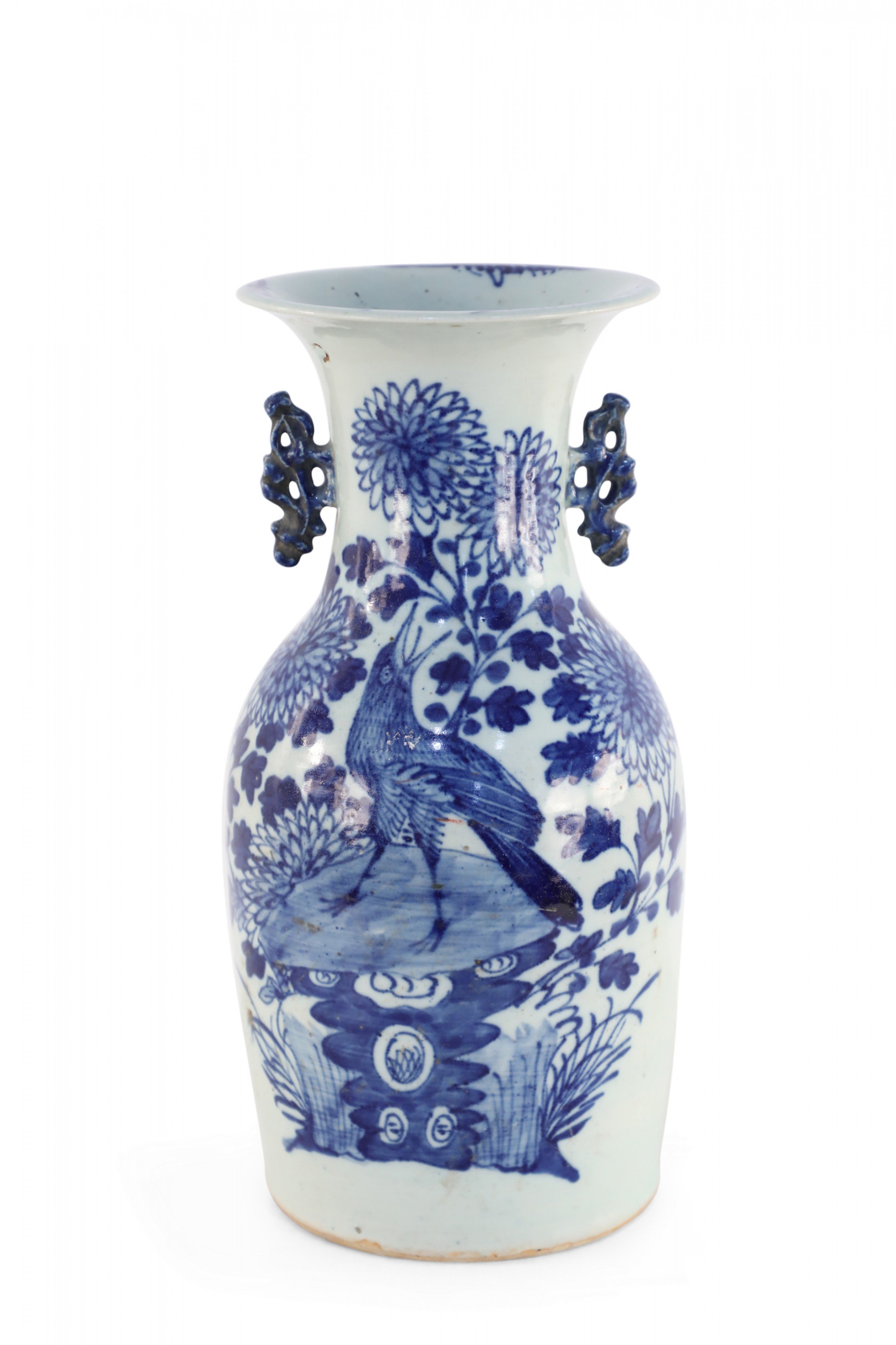 Chinese White and Blue Chrysanthemum and Bird Porcelain Urn