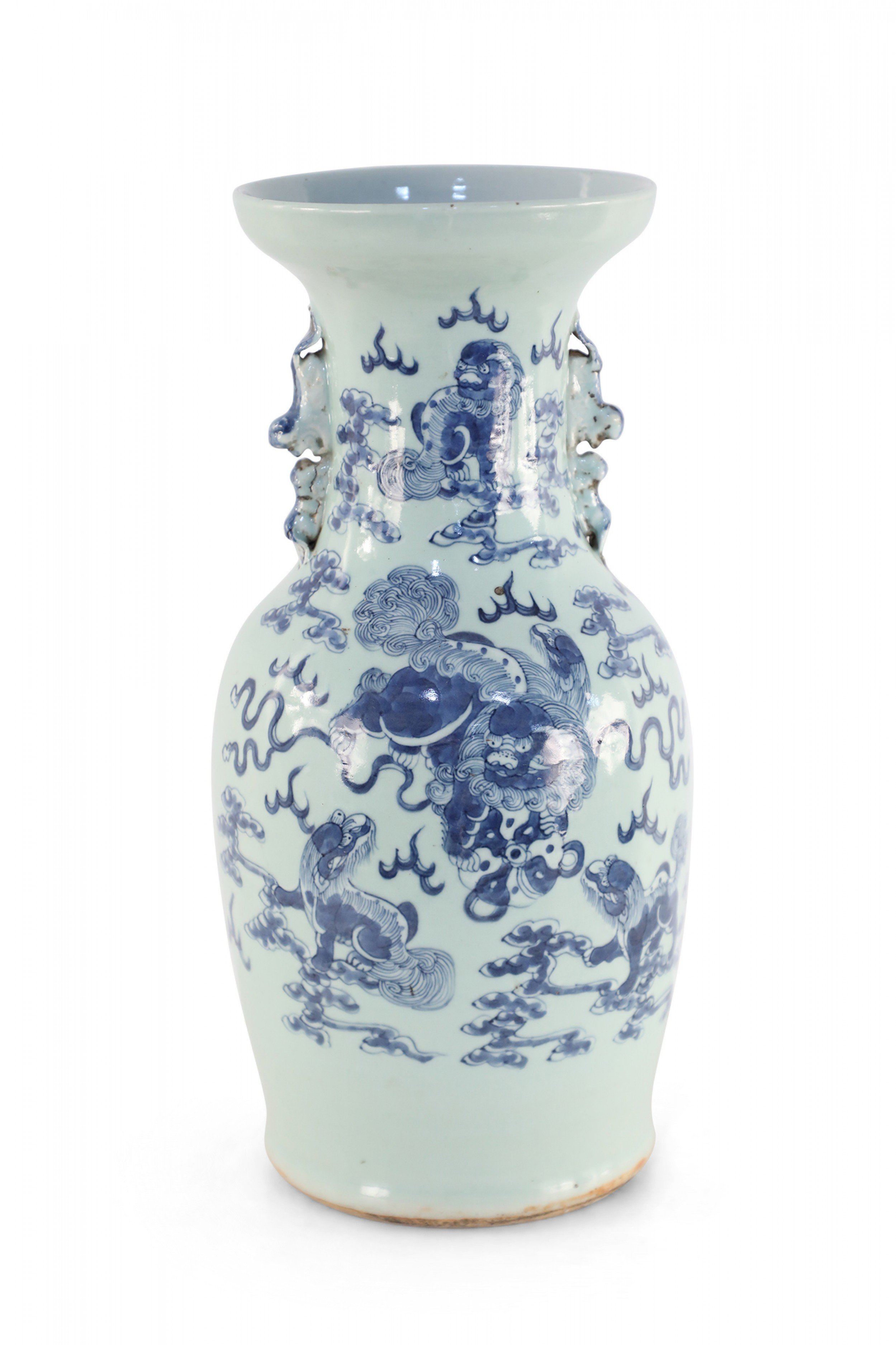 Chinese White and Blue Foo Dog Design Porcelain Urn