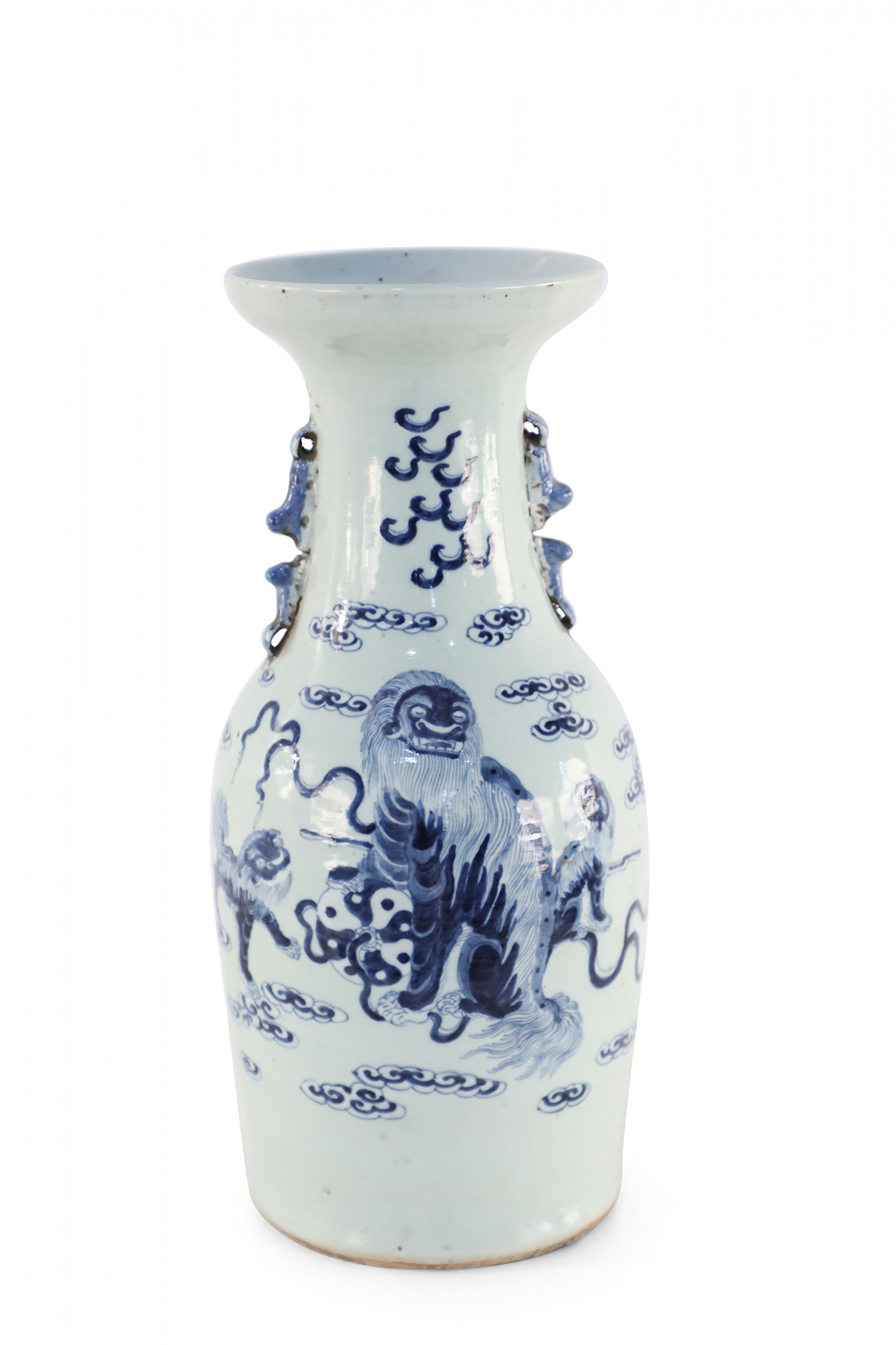 Chinese White and Blue Foo Dog and Serpent Design Porcelain Urn
