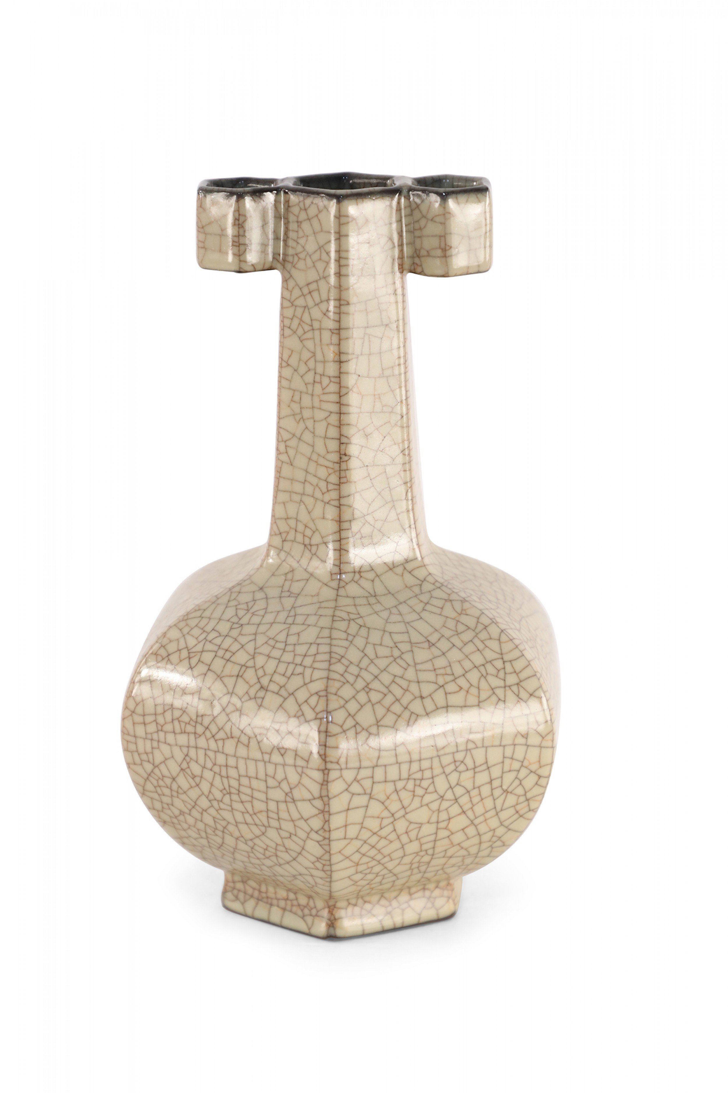 Chinese Six Sided Beige Crackled Porcelain Vase