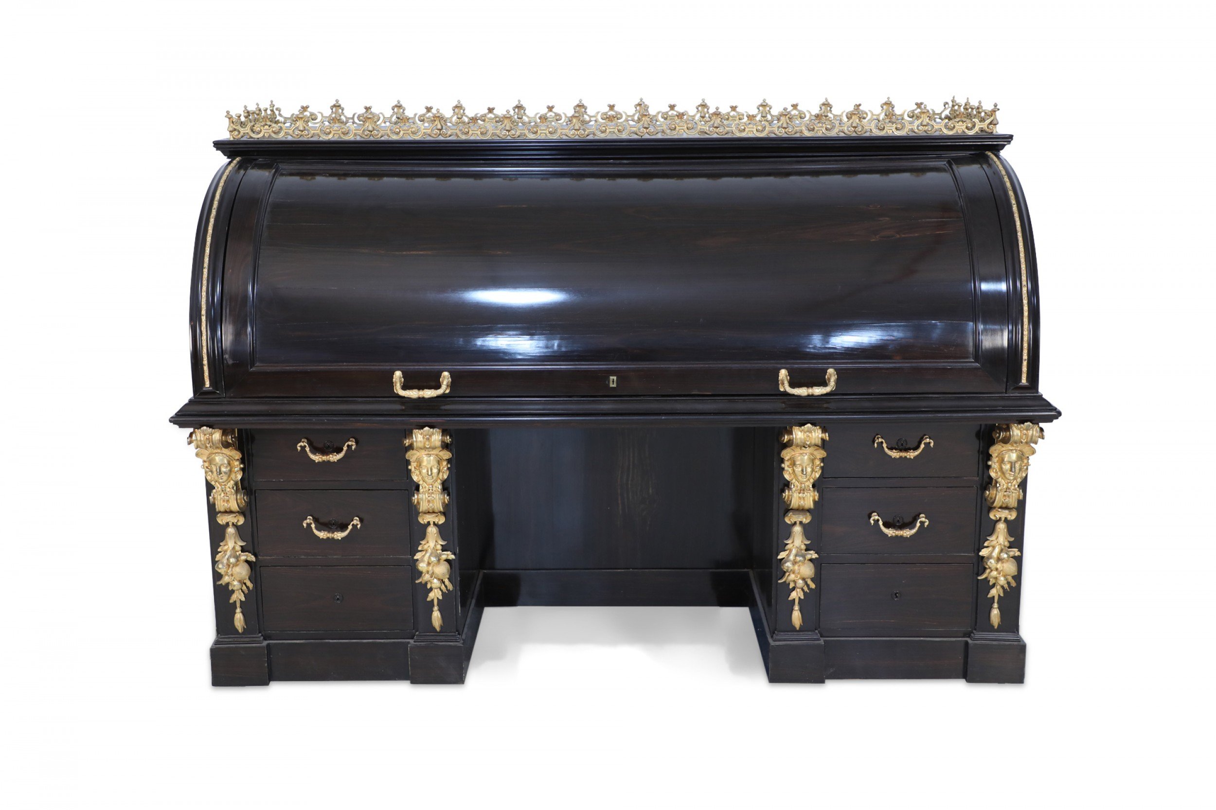 English Mahogany and Gold Accented Roll Top Desk