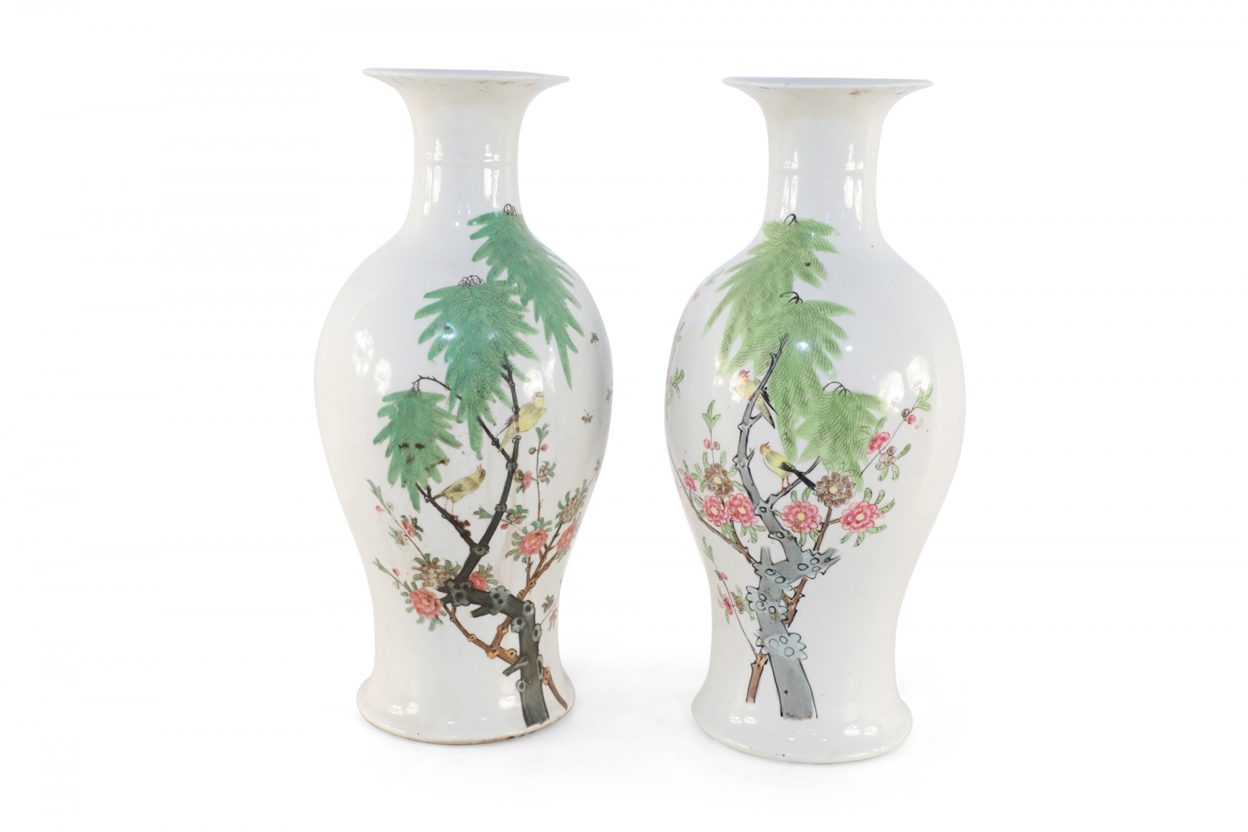 Pair of Chinese White and Cherry Blossom Branch Porcelain Urns