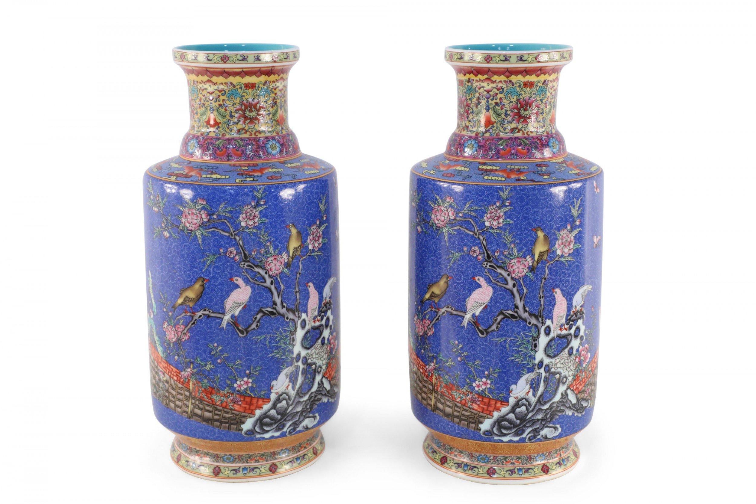 Pair of Chinese Qing Dynasty Style Blue Famille Floral Porcelain Mallet Bottles